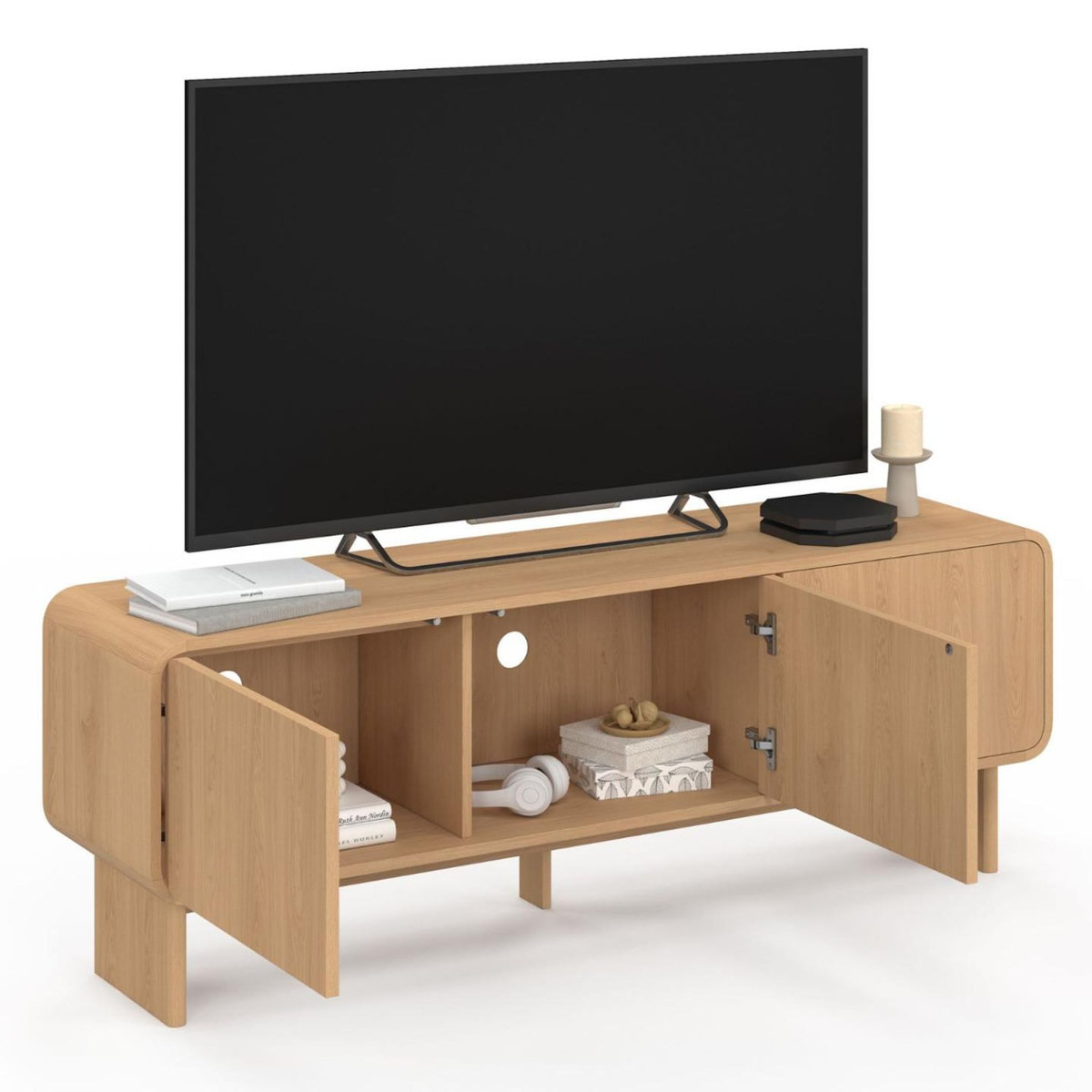 ID MARKET Meuble TV 140 cm CAPUCINE 3 portes façon hêtre design arrondi