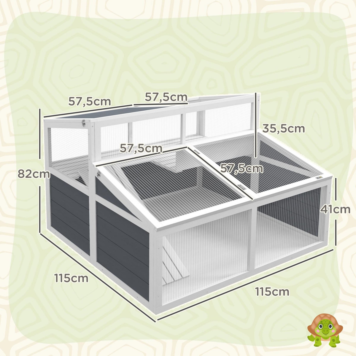 PAWHUT Terrarium enclos tortue 2 espaces toit polycarbonate 3 portes rampe bois gris blanc