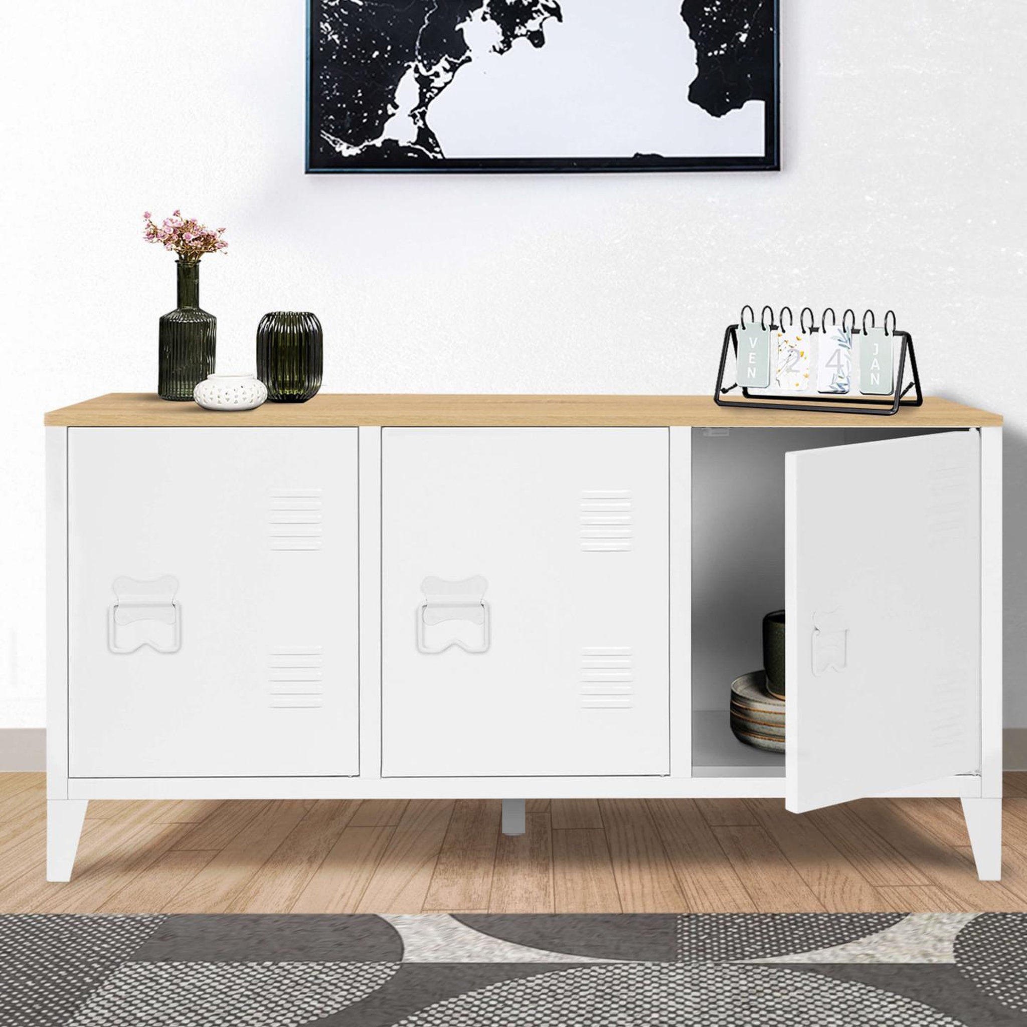 Voir la diapositive 4 : ID MARKET Buffet bas 113 cm ester 3 portes métal blanc plateau bois design industriel