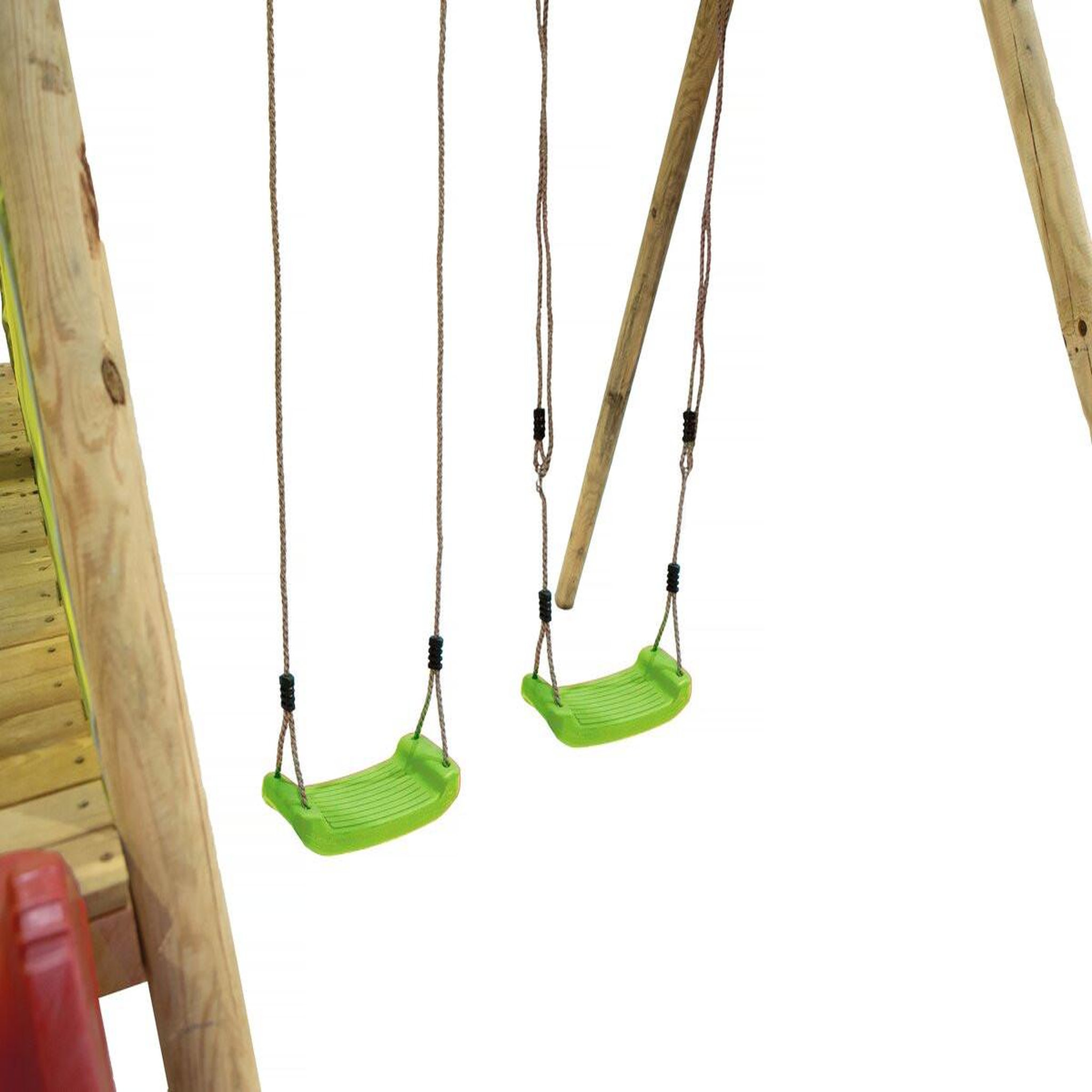 Voir la diapositive 3 : Habitat et Jardin Portique en bois  balanga  - avec 1 toboggan et 2 balançoires.