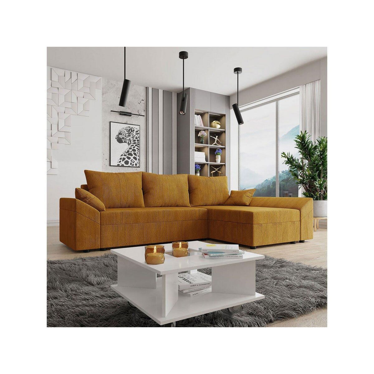 Habitat et Jardin Canapé d'angle convertible avec coffre  Vaugirard  en velours côtelé - 3 places - Jaune moutarde