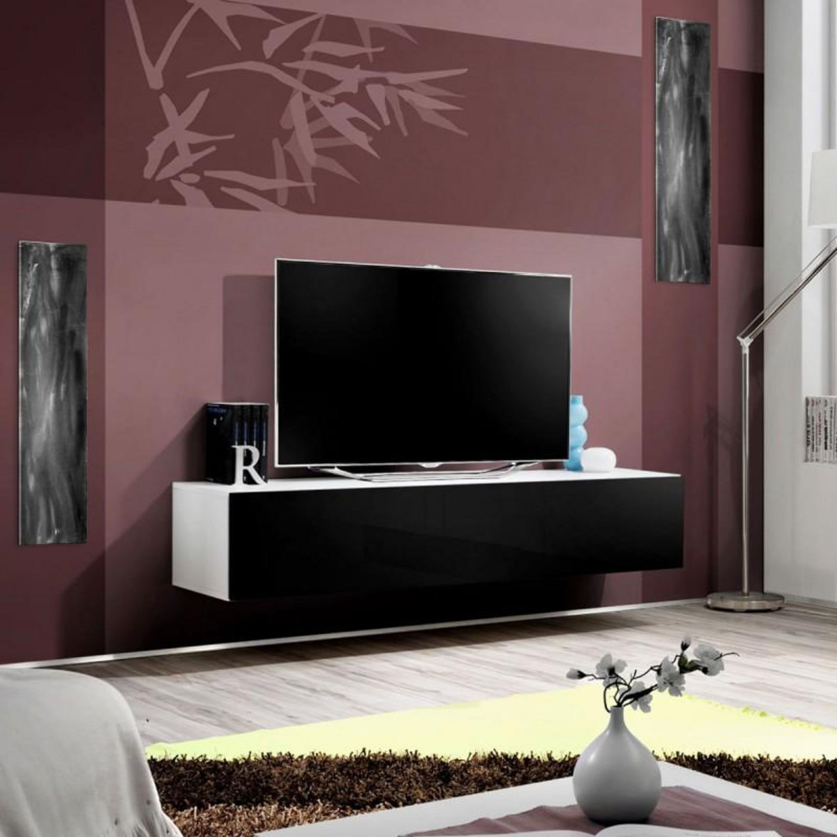 Paris Prix Meuble TV Mural Design  Fly I  160cm Noir & Blanc