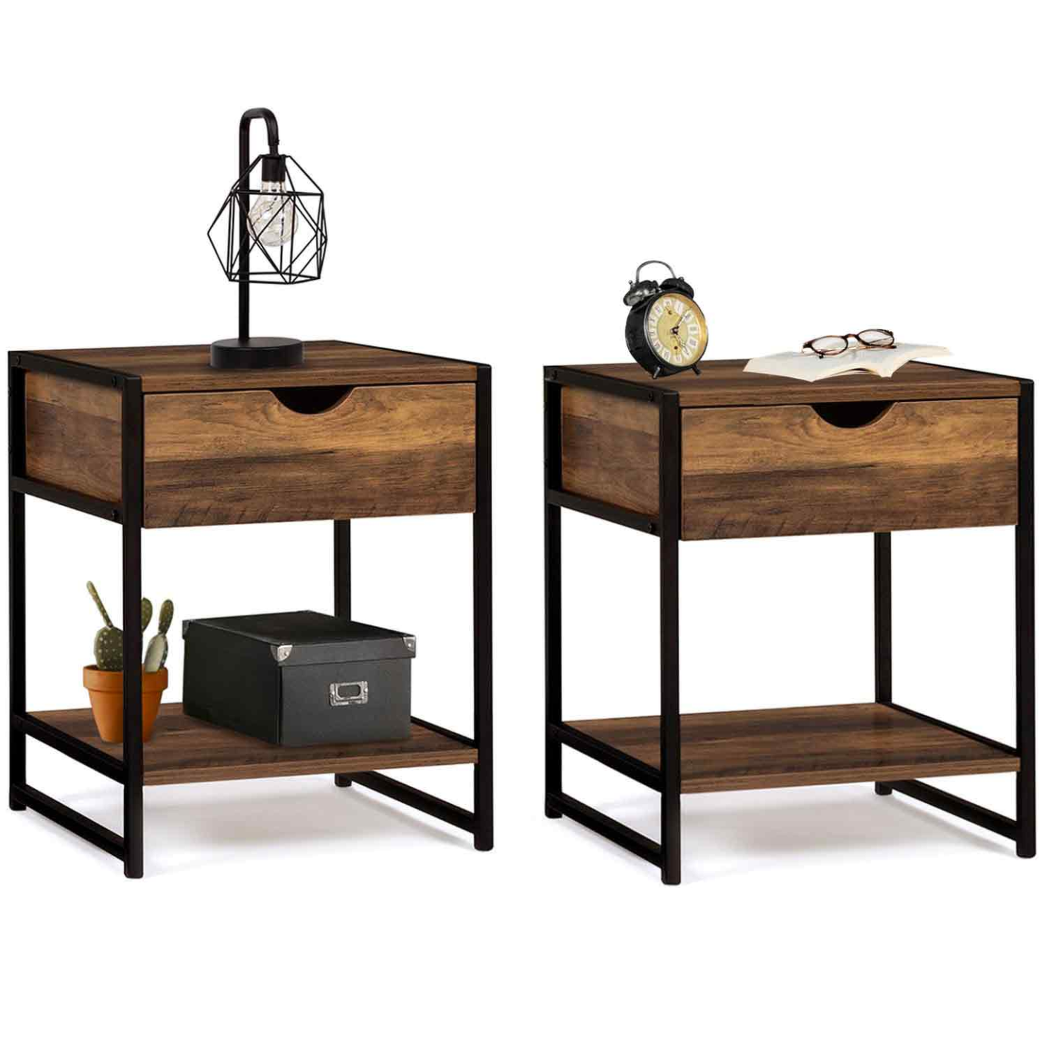 ID MARKET Lot de 2 tables de chevet hawkins 1 tiroir avec tablette bois foncé design industriel