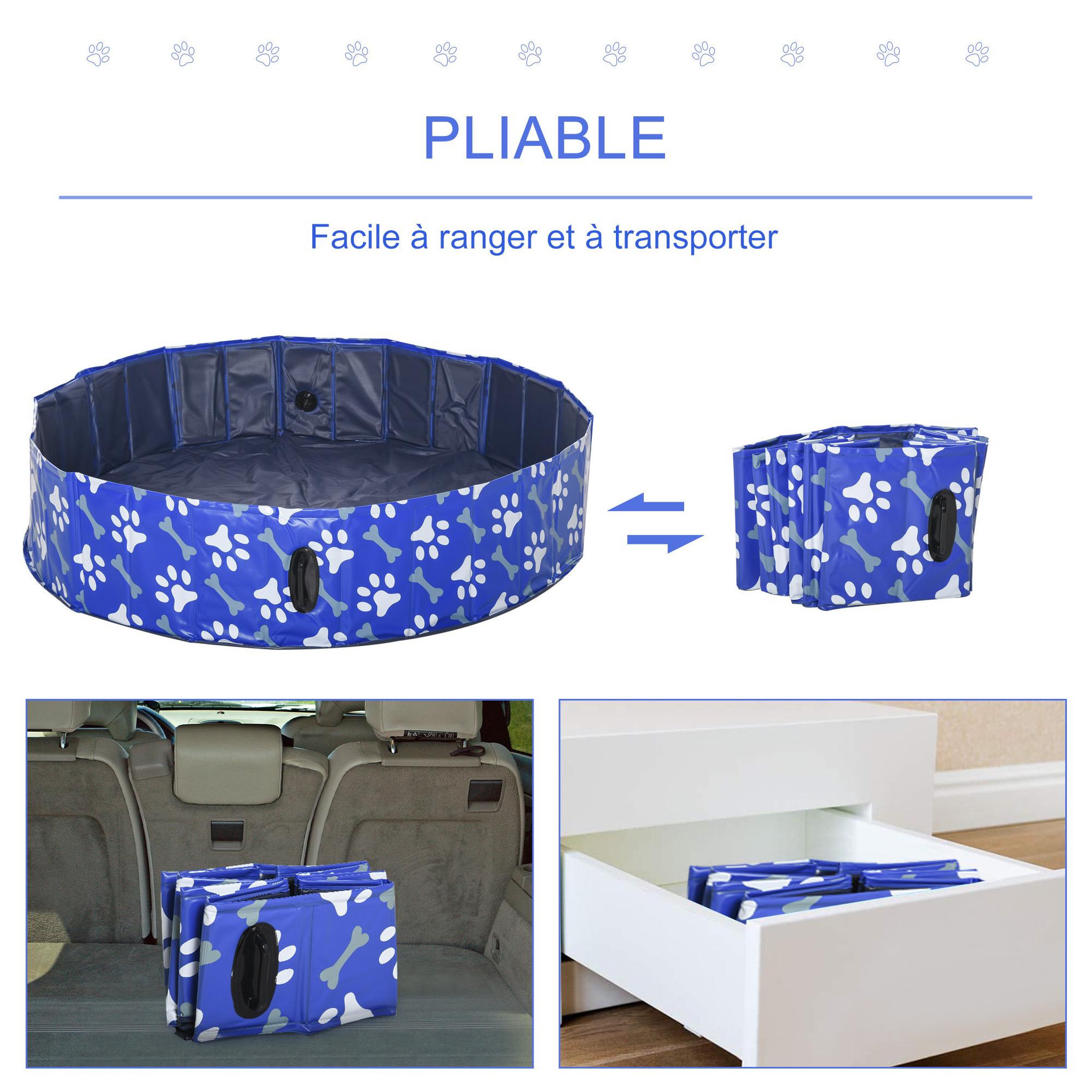 Voir la diapositive 4 : PAWHUT Piscine pour chien bassin PVC pliable anti-glissant facile à nettoyer Ø 1,4 m hauteur 30 cm motifs os pattes bleu