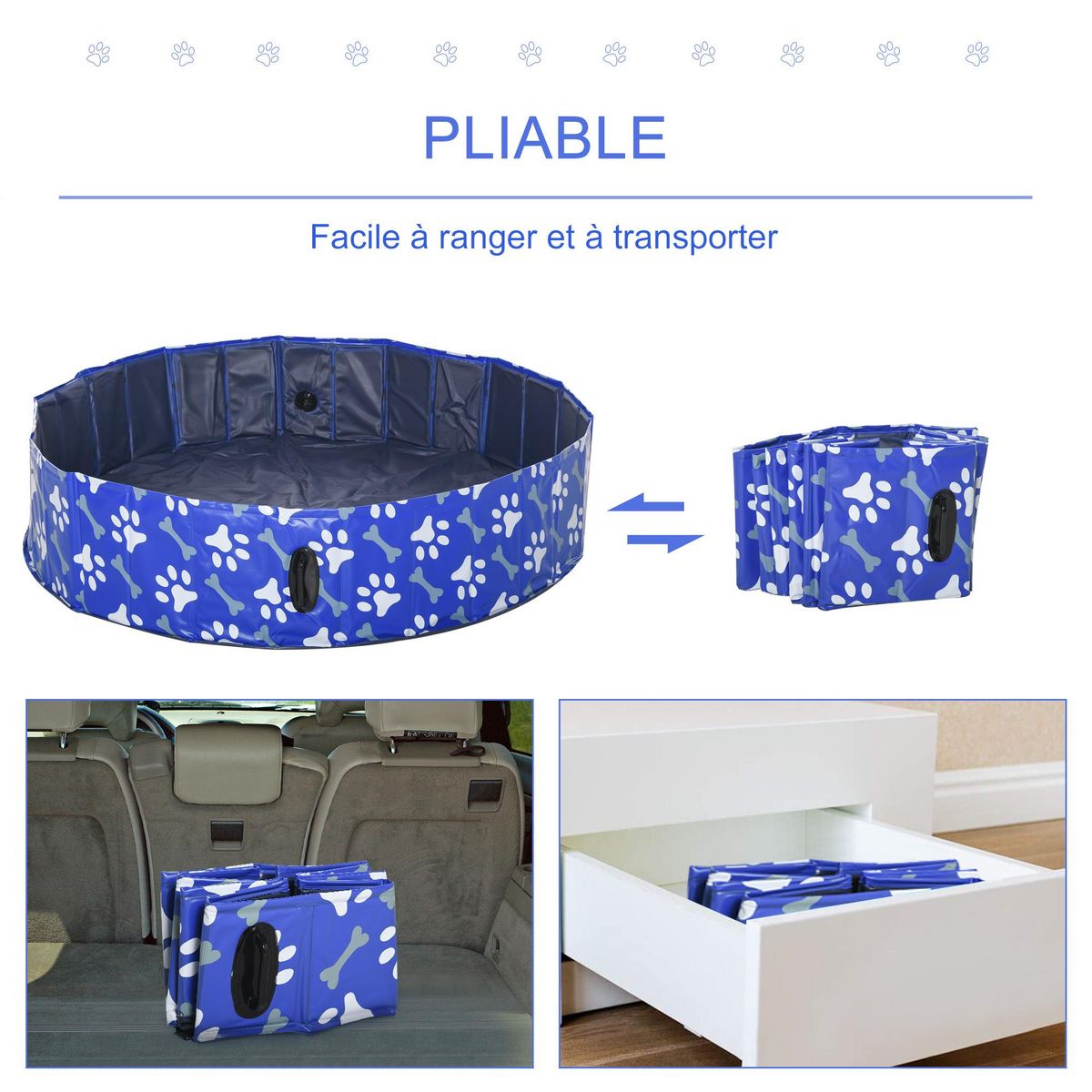 PAWHUT Piscine pour chien bassin PVC pliable anti-glissant facile à nettoyer Ø 1,4 m hauteur 30 cm motifs os pattes bleu
