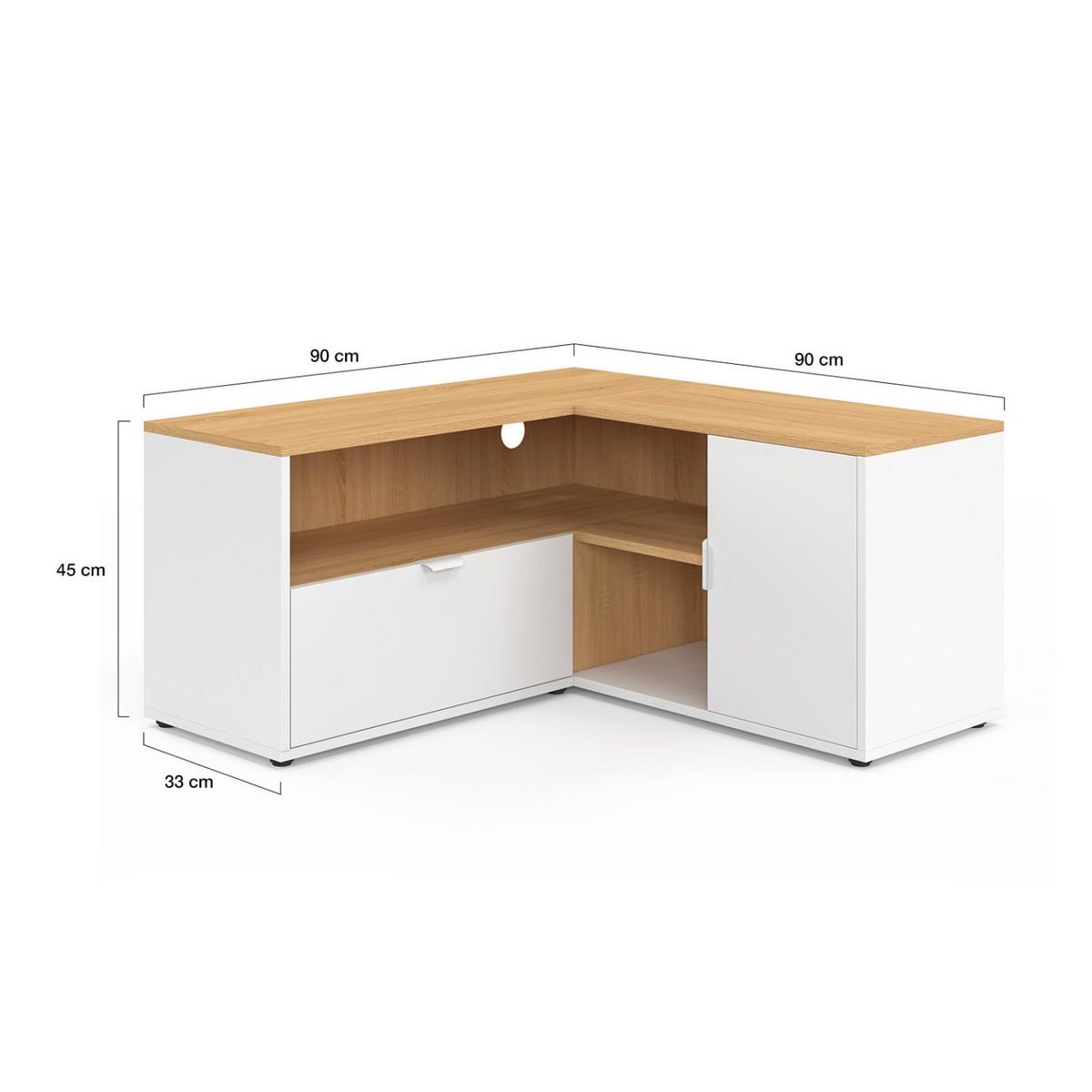 ID MARKET Meuble TV 90 x 90 cm d'angle BALTAZAR façon hêtre et blanc