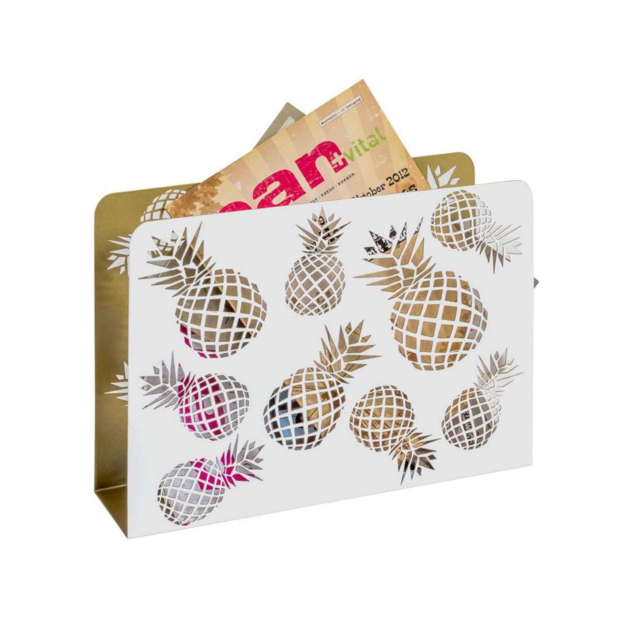 Voir la diapositive 2 : Paris Prix Porte-revues en métal  ananas  35cm blanc & or