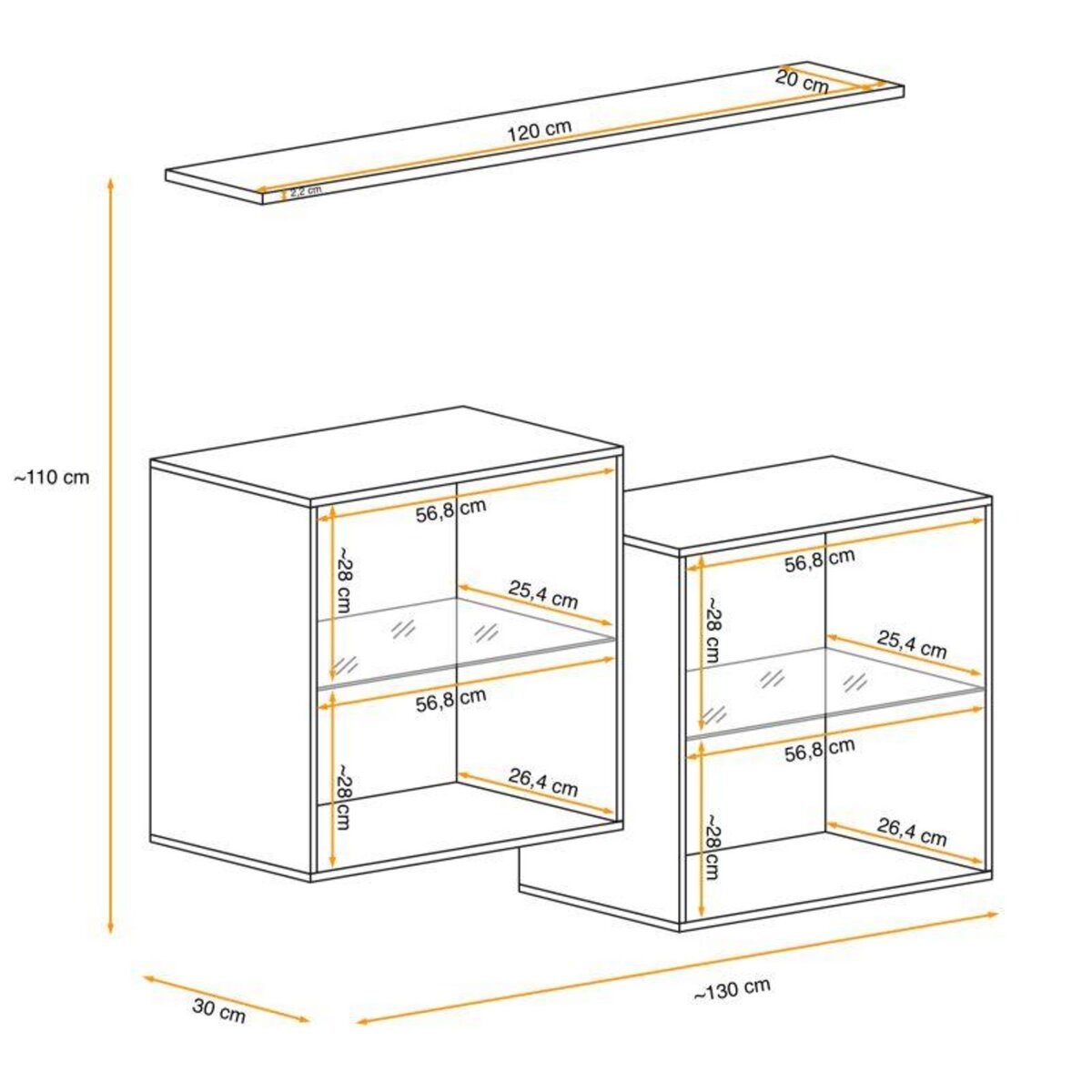Paris Prix Lot de 2 Vitrines Murales & Étagère  Switch SBIII  130cm Noir & Blanc