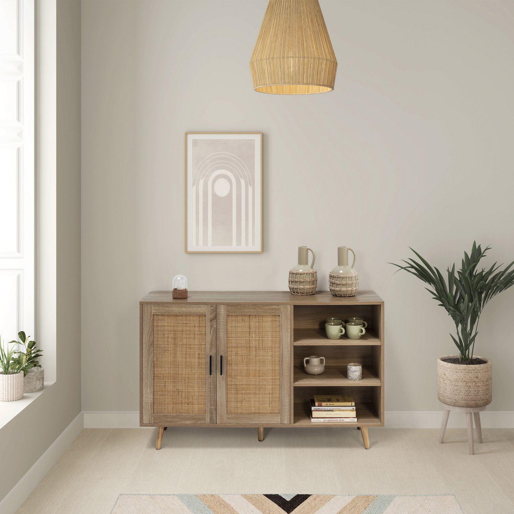 Voir la diapositive 5 : VS VENTA-STOCK Buffet Dalia 2 portes et 3 niches couleur chêne, 120 cm longueur