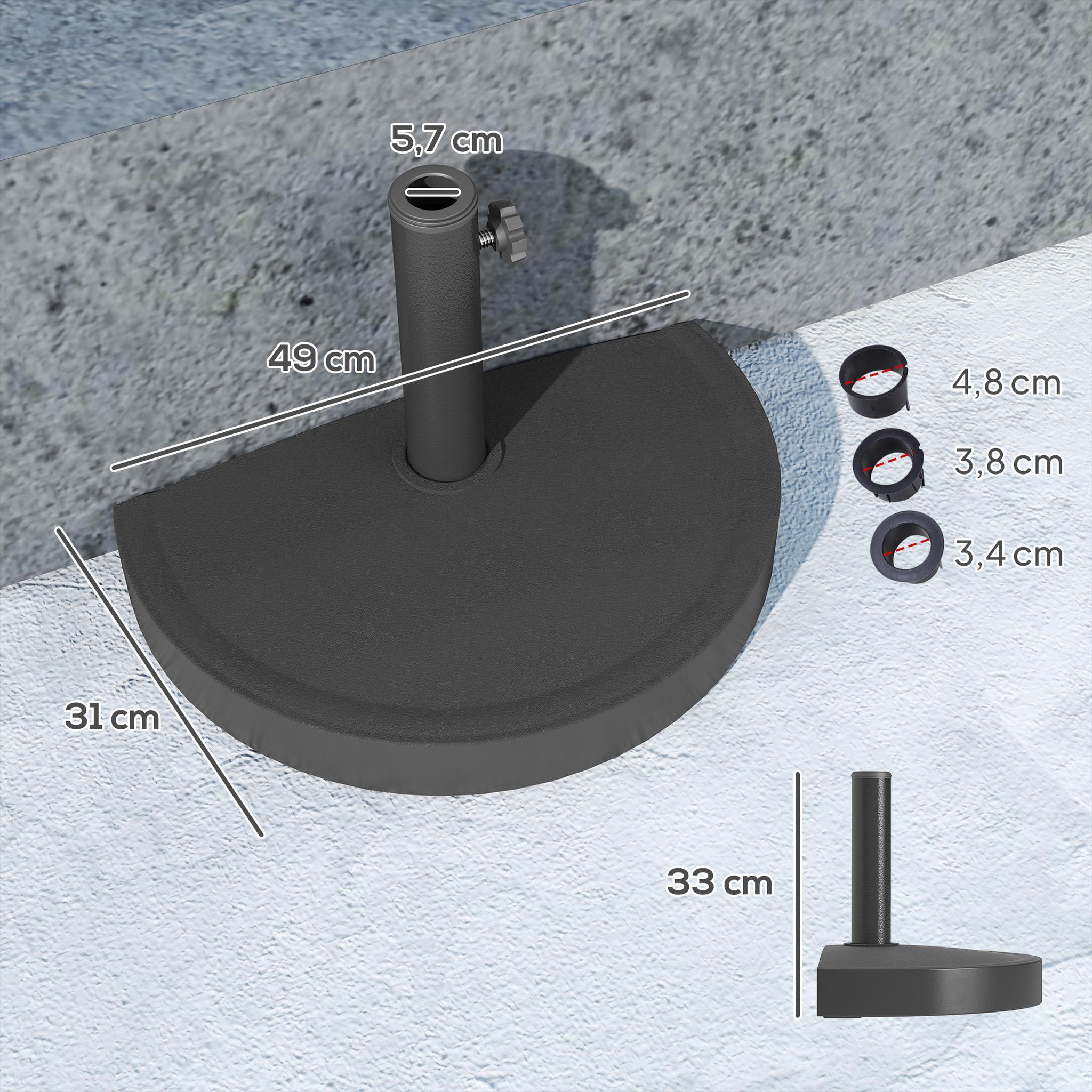 Voir la diapositive 3 : OUTSUNNY Pied de parasol base de lestage parasol demi-cercle 49 x 31x 33 cm poids net 9 Kg résine métal noir