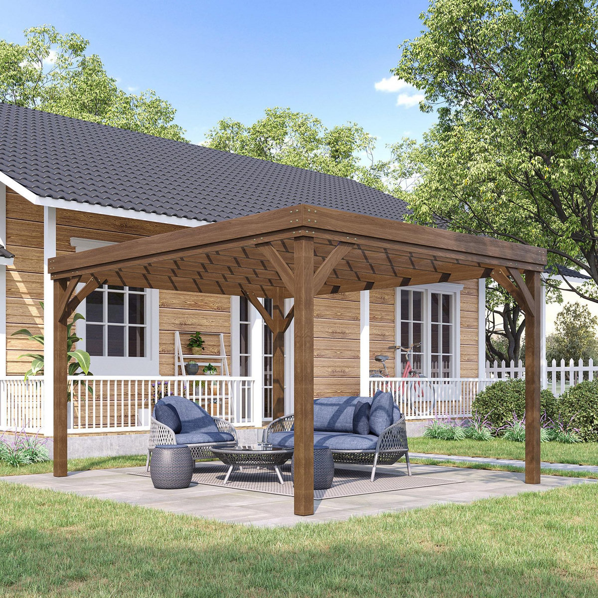 OUTSUNNY Pergola autoportante style rustique chic - Toit terrasse à décorer - dim. 3,65L x 3l x 2,15H m - bois sapin pré-huilé