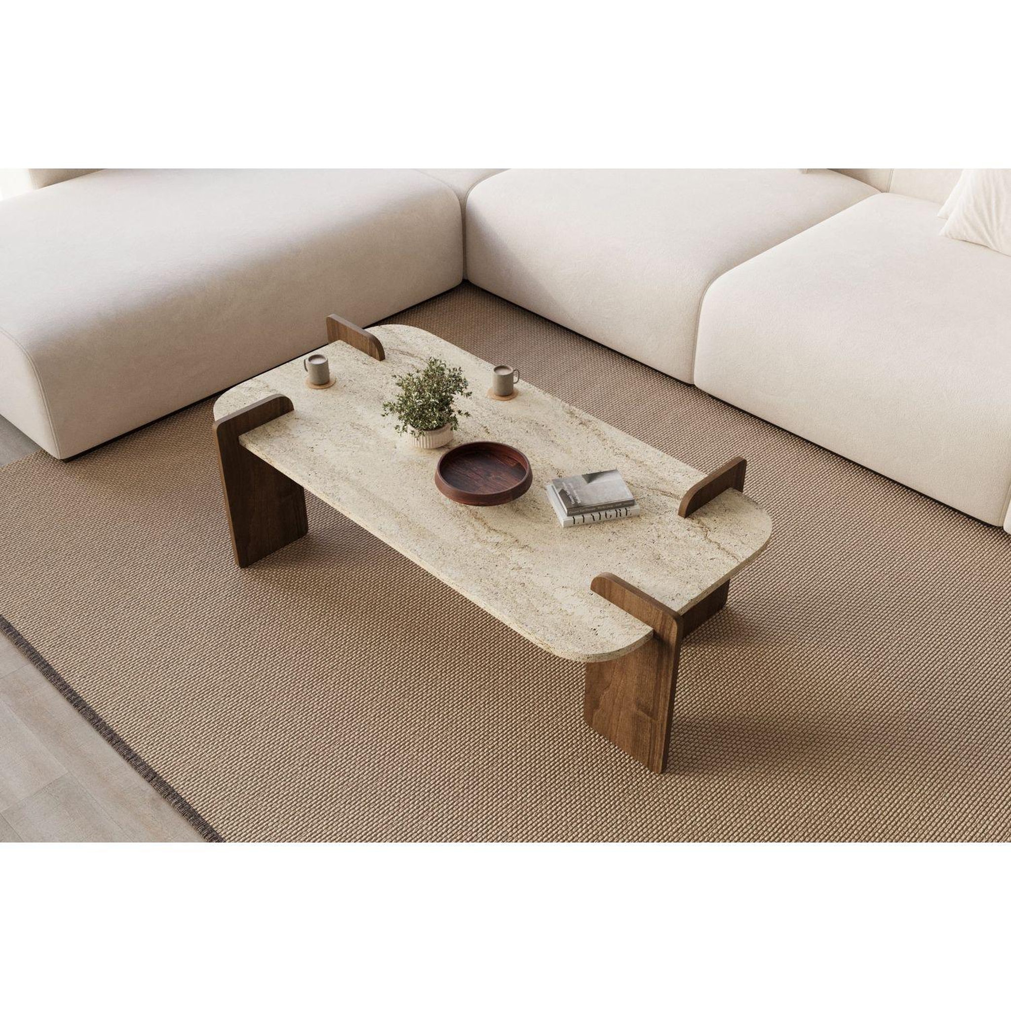 Voir la diapositive 5 : TOILINUX Table basse effet travertin et bois foncé romane - marron et beige