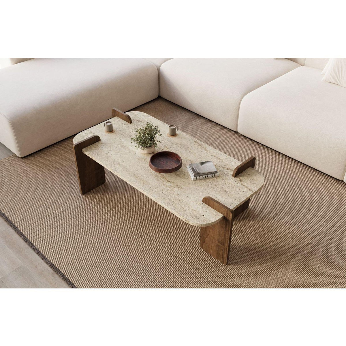TOILINUX Table basse effet travertin et bois foncé ROMANE - Marron et beige