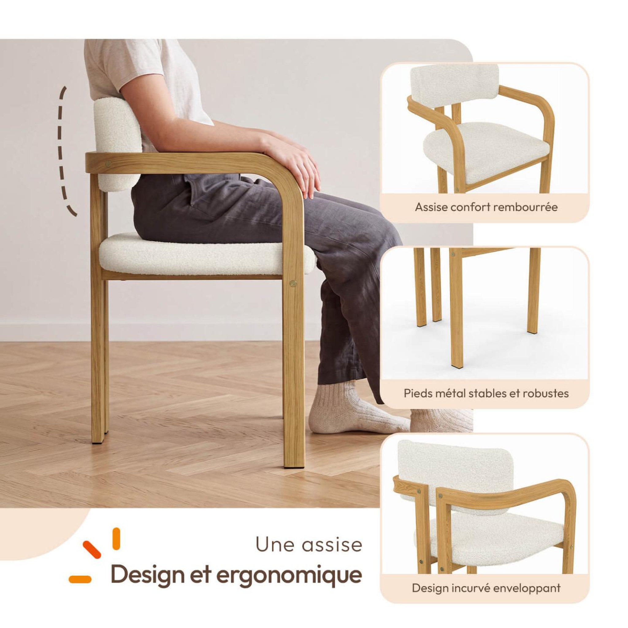 Voir la diapositive 4 : ID MARKET Ensemble table à manger extensible ronde carmen 4-8 personnes pied lattes 110 - 150 cm et 4 chaises esma effet bois et bouclette