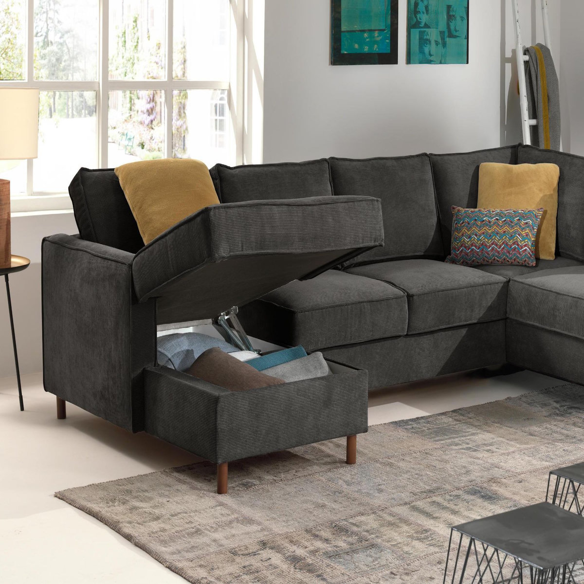 LISA DESIGN Jake - canapé panoramique d'angle droit - convertible avec coffre - 7 places - en velours côtelé