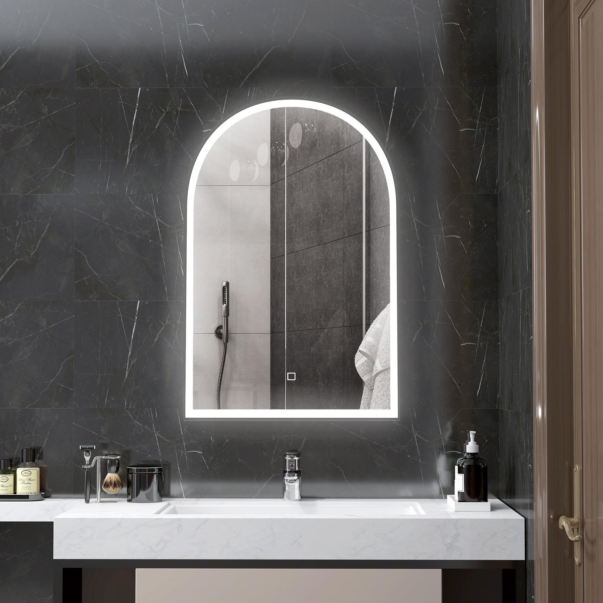 Voir la diapositive 2 : HOMCOM Miroir lumineux led arqué de salle de bain 90 x 60 cm - tactile, réglable, anti-buée - alu noir