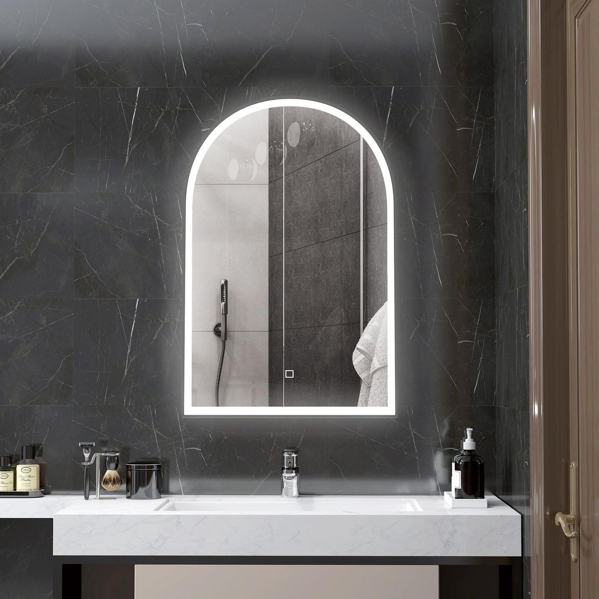 HOMCOM Miroir lumineux LED arqué de salle de bain 90 x 60 cm - tactile, réglable, anti-buée - alu noir