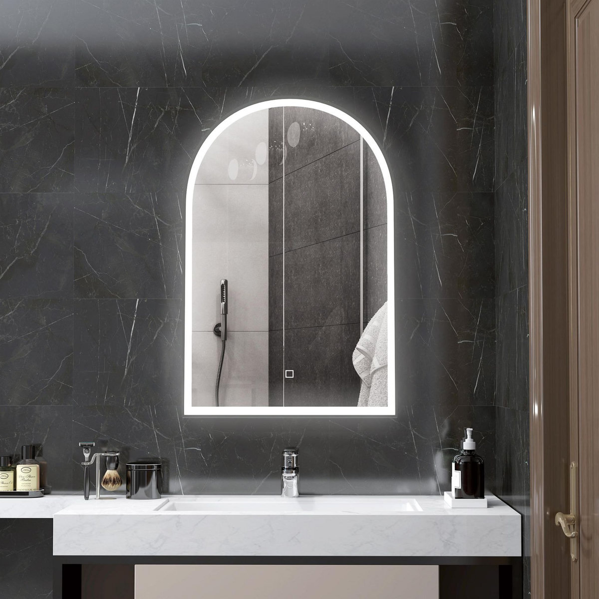 HOMCOM Miroir lumineux LED arqué de salle de bain 90 x 60 cm - tactile, réglable, anti-buée - alu noir