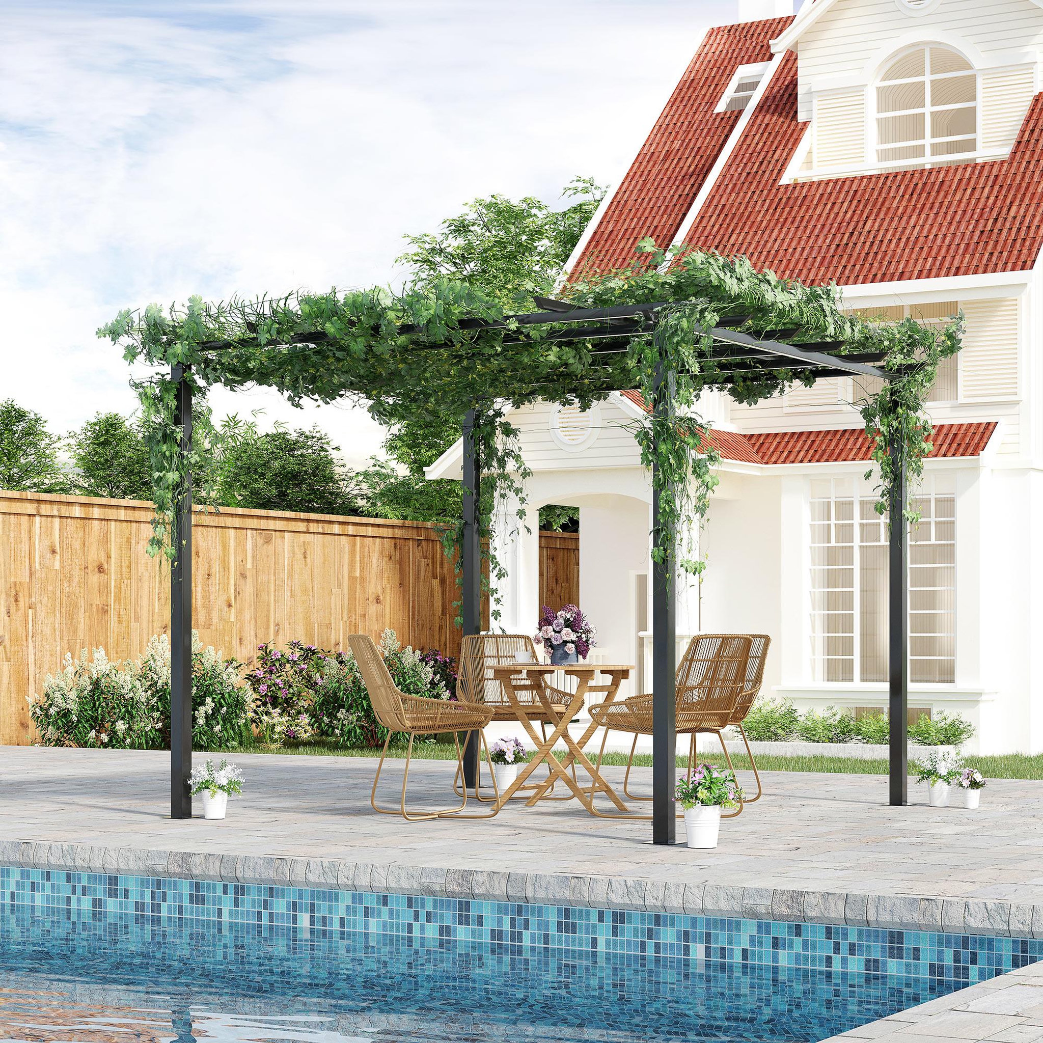 Voir la diapositive 2 : OUTSUNNY Pergola autoportante style contemporain - toit terrasse à décorer - dim. 3L x 3l x 2,3H m - métal époxy anticorrosion noir
