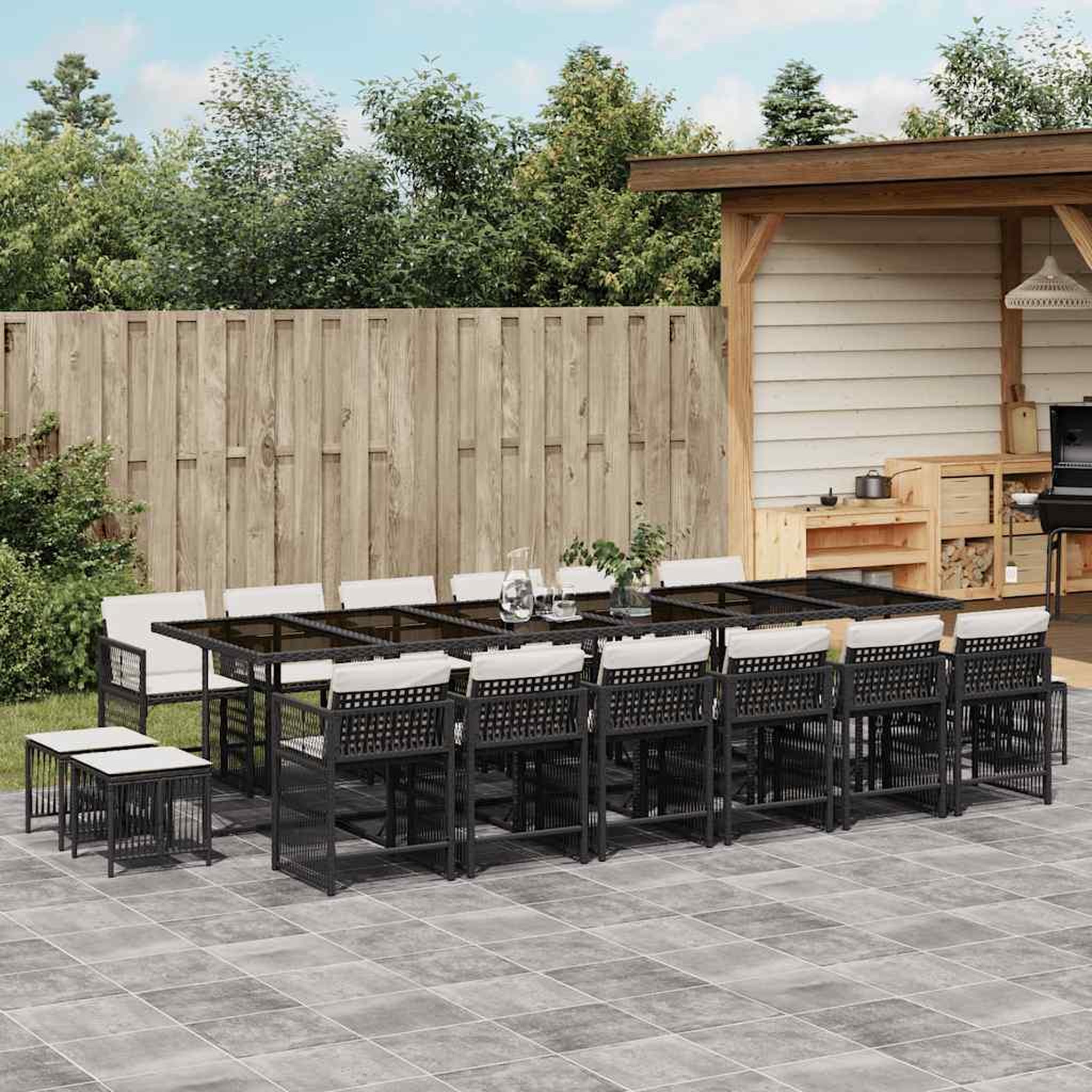 VIDAXL Ensemble a manger de jardin 17 pcs coussins noir resine tressee