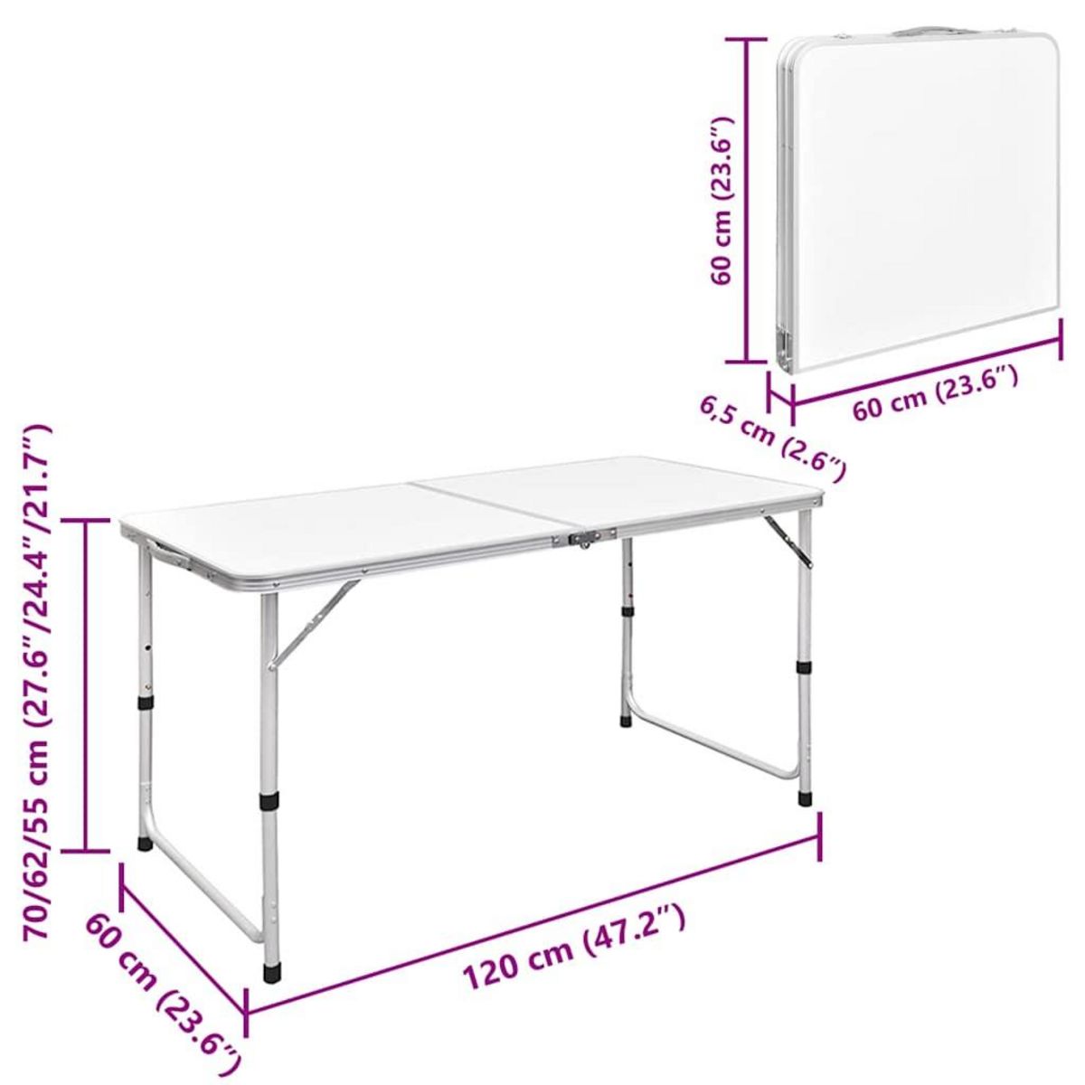 VIDAXL Table pliable de camping Hauteur reglable Aluminium 120x60 cm