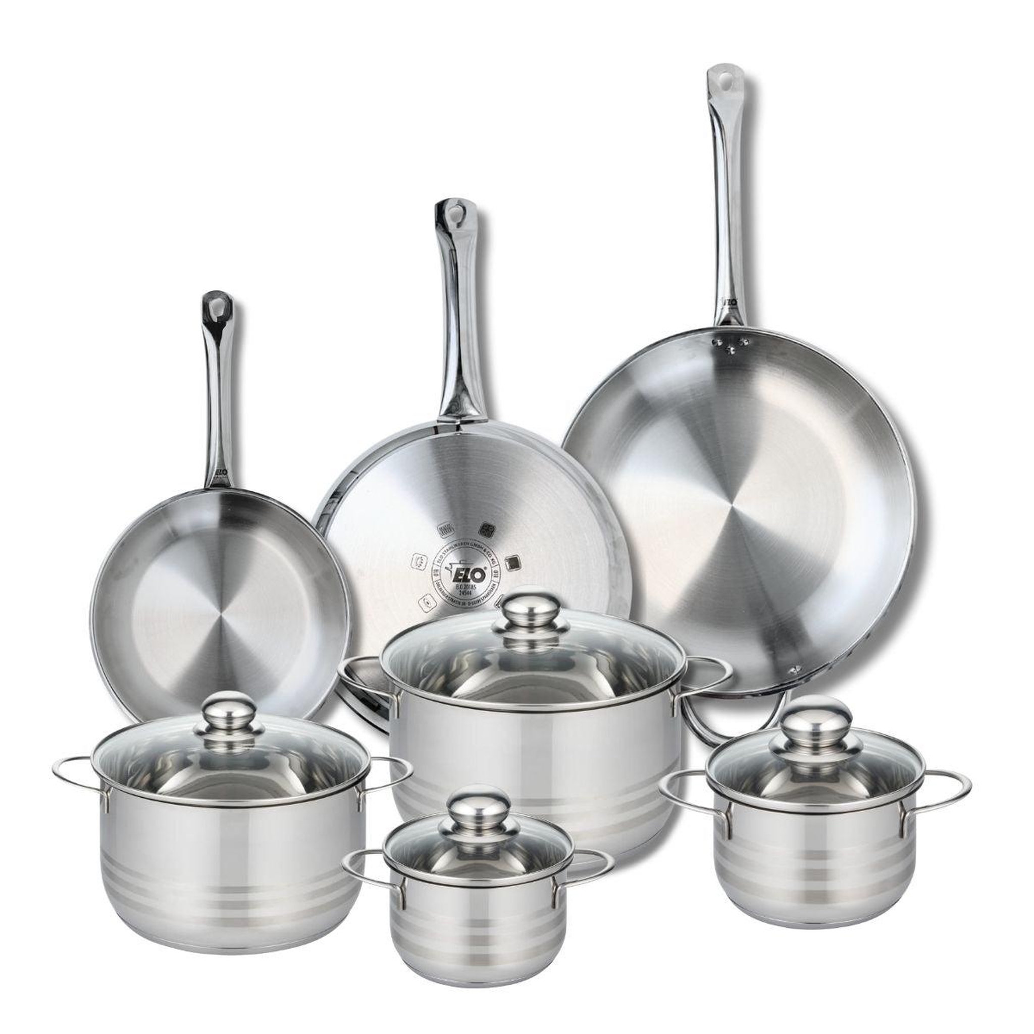ELO Ensemble de 3 poêles de cuisson 24, 28 et 32 cm et 4 faitouts 14, 16, 20 et 24 cm elo profi brillant