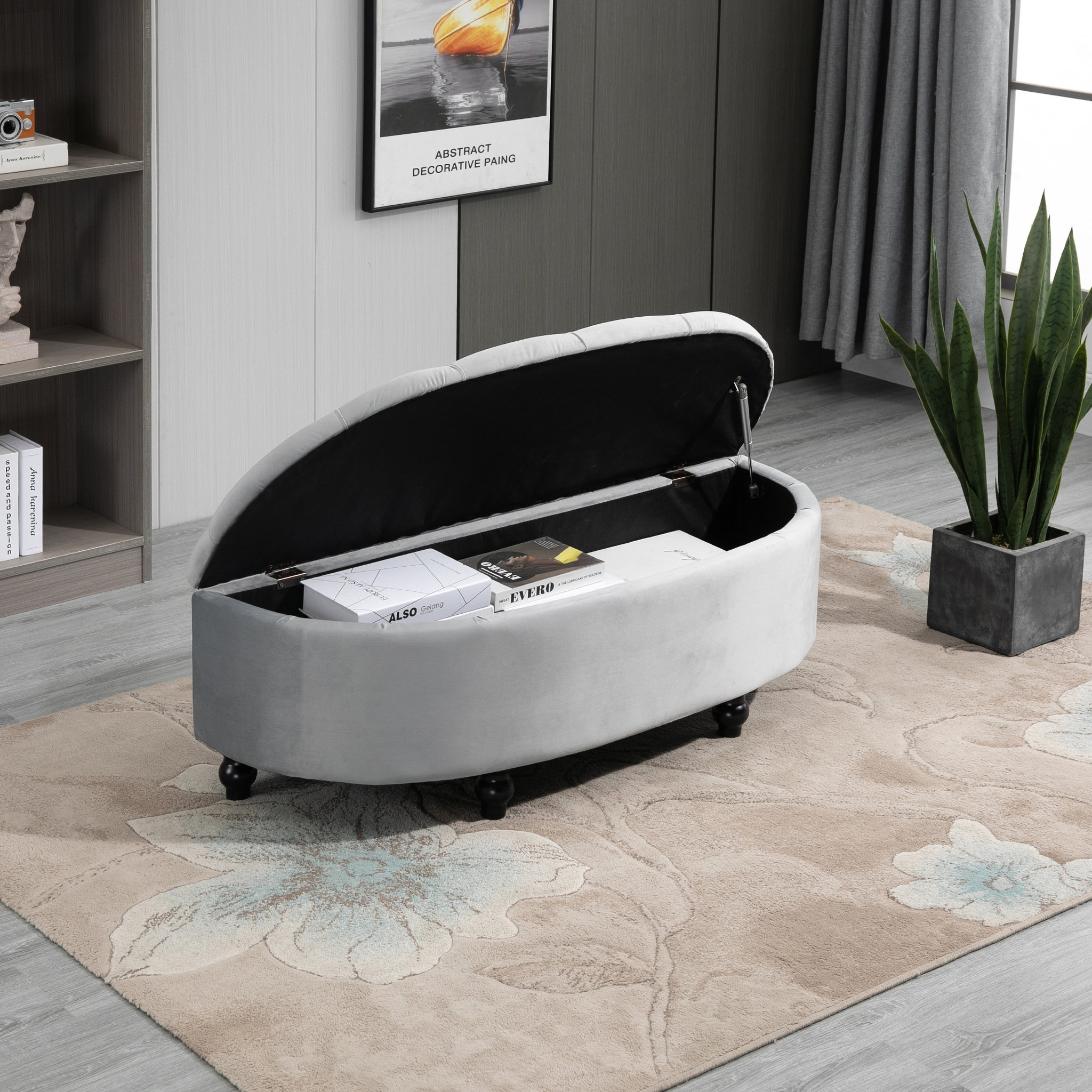 Voir la diapositive 4 : HOMCOM Pouf de rangement coffre 2 en 1 - pouf design classique chic capitonné demi-cercle - pieds bois hévéa noir revêtement velours gris