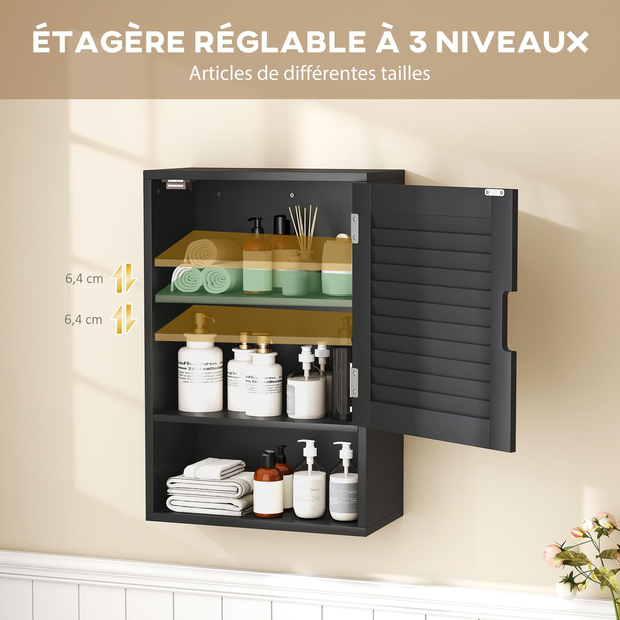 Voir la diapositive 5 : HOMCOM Armoire murale salle de bain porte persienne étagère niche noir