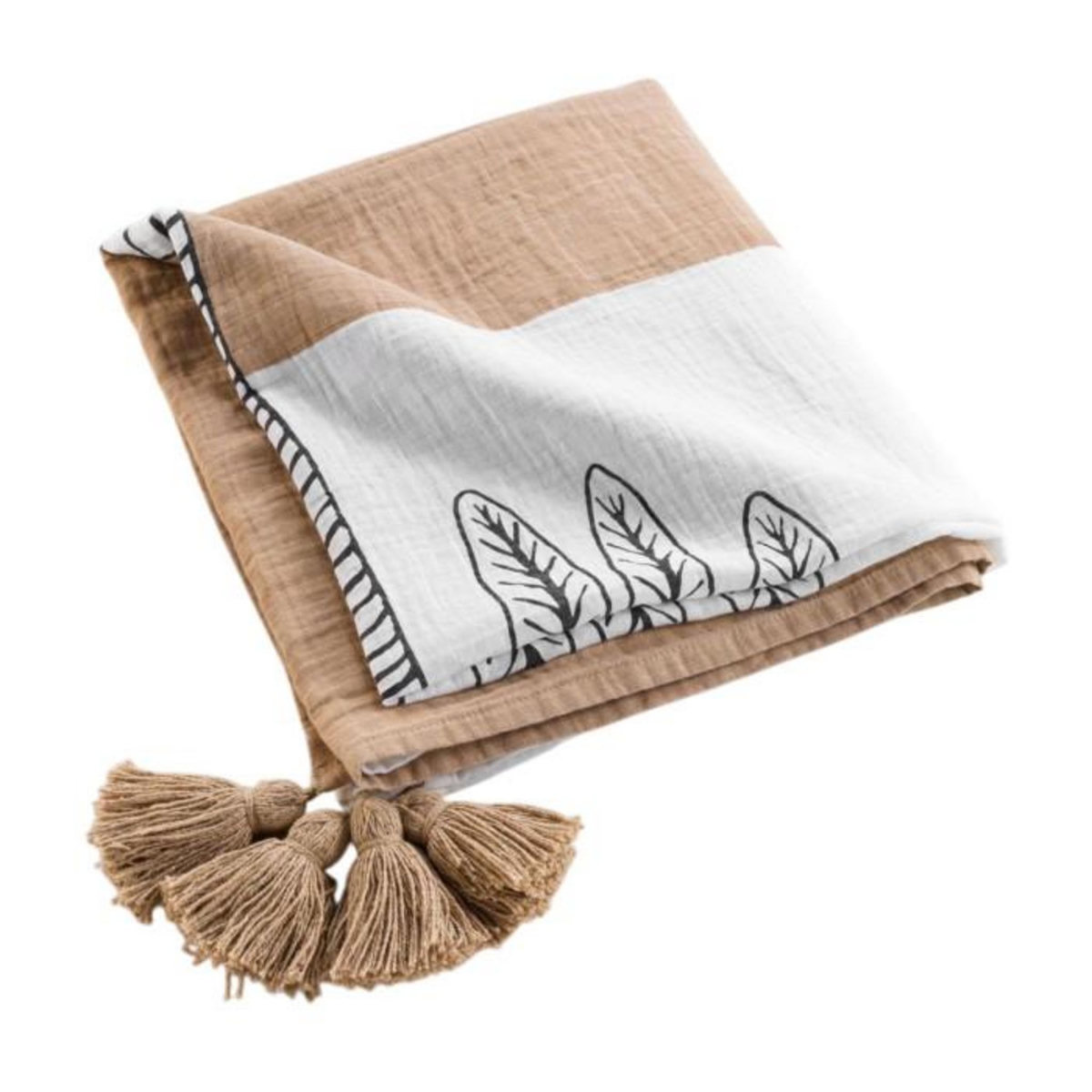 Paris Prix Plaid Imprimé en Gaze de Coton  Oasia  125x150cm Blanc & Camel