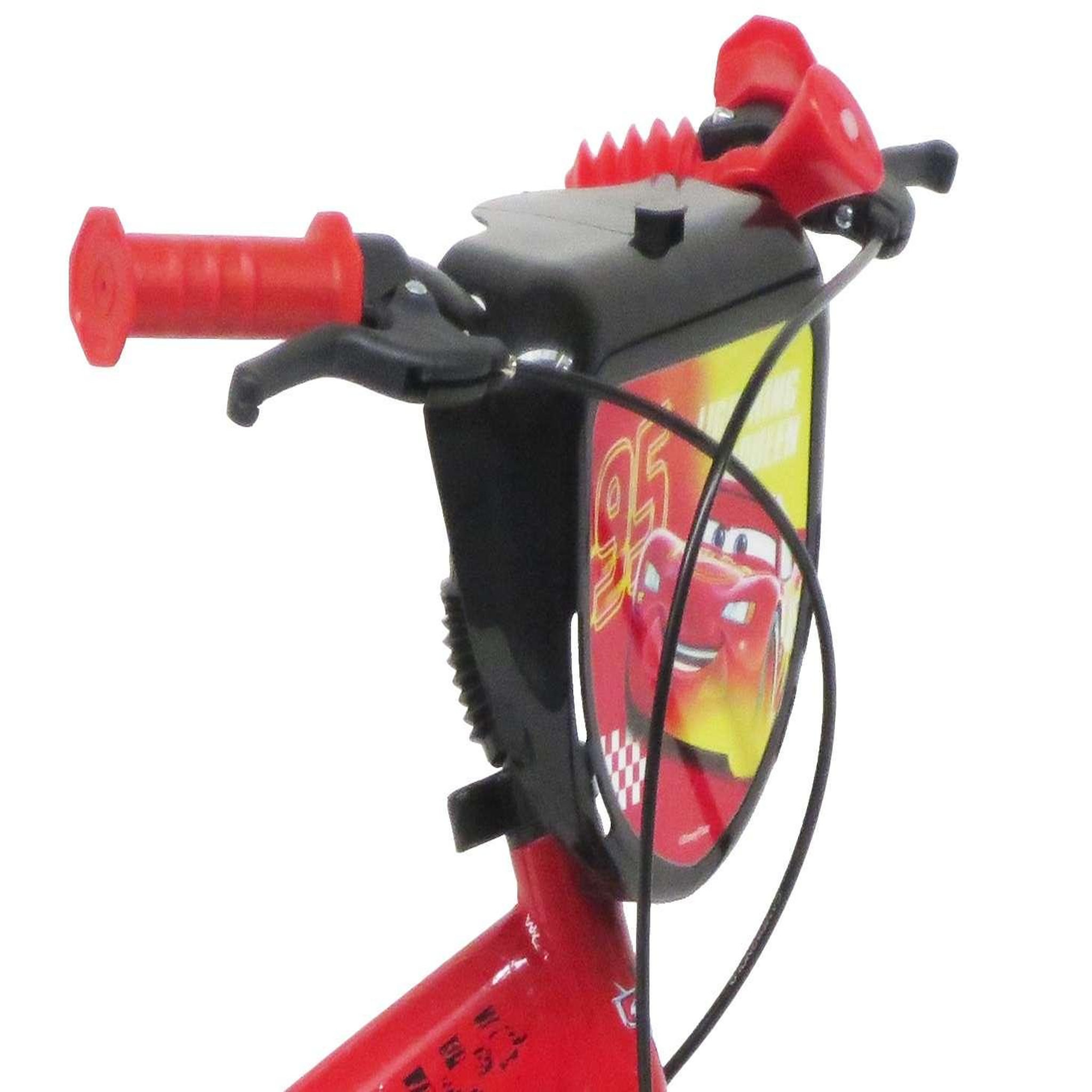 Voir la diapositive 3 : Disney Cars Vélo enfant - Modèle 12'' Cars pour enfant de 85/100 cm avec stabilisateurs - Plaque décorative avant - Porte bidon - 2 freins et roues à bâtons