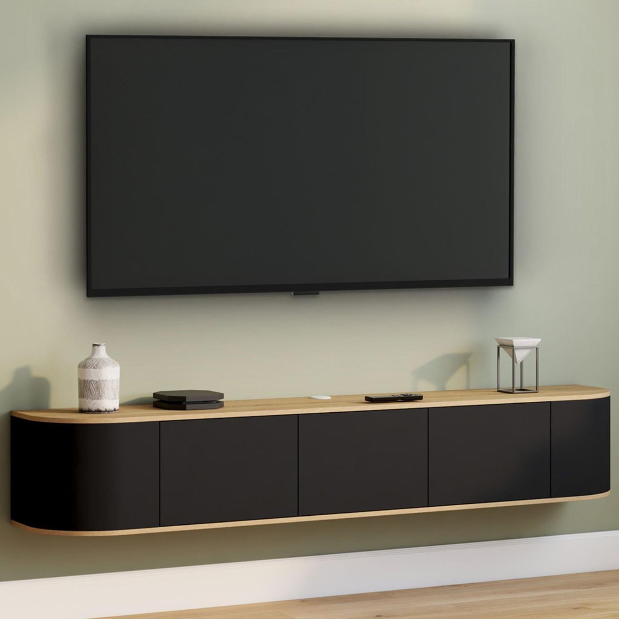 Voir la diapositive 2 : ID MARKET Meuble tv 180 cm suspendu leora 3 portes bois et noir