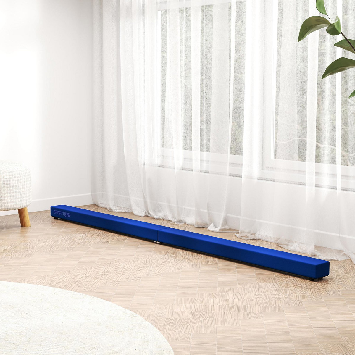 HOMCOM Poutre gymnastique pliable 210 cm - poutre d'équilibre antidérapante - bois de pin revêtement flanelle bleu
