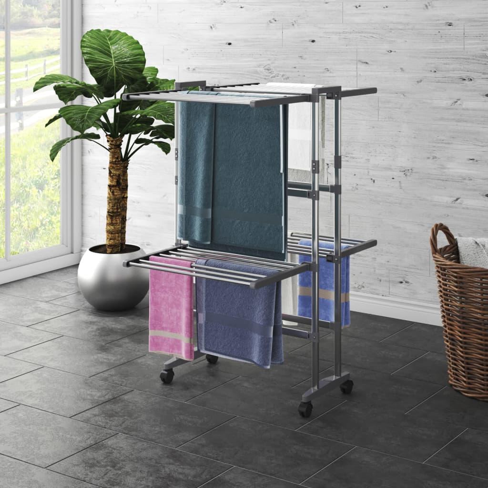 VIDAXL Etagere a linge a 2 niveaux avec roues Argente 60x70x106 cm
