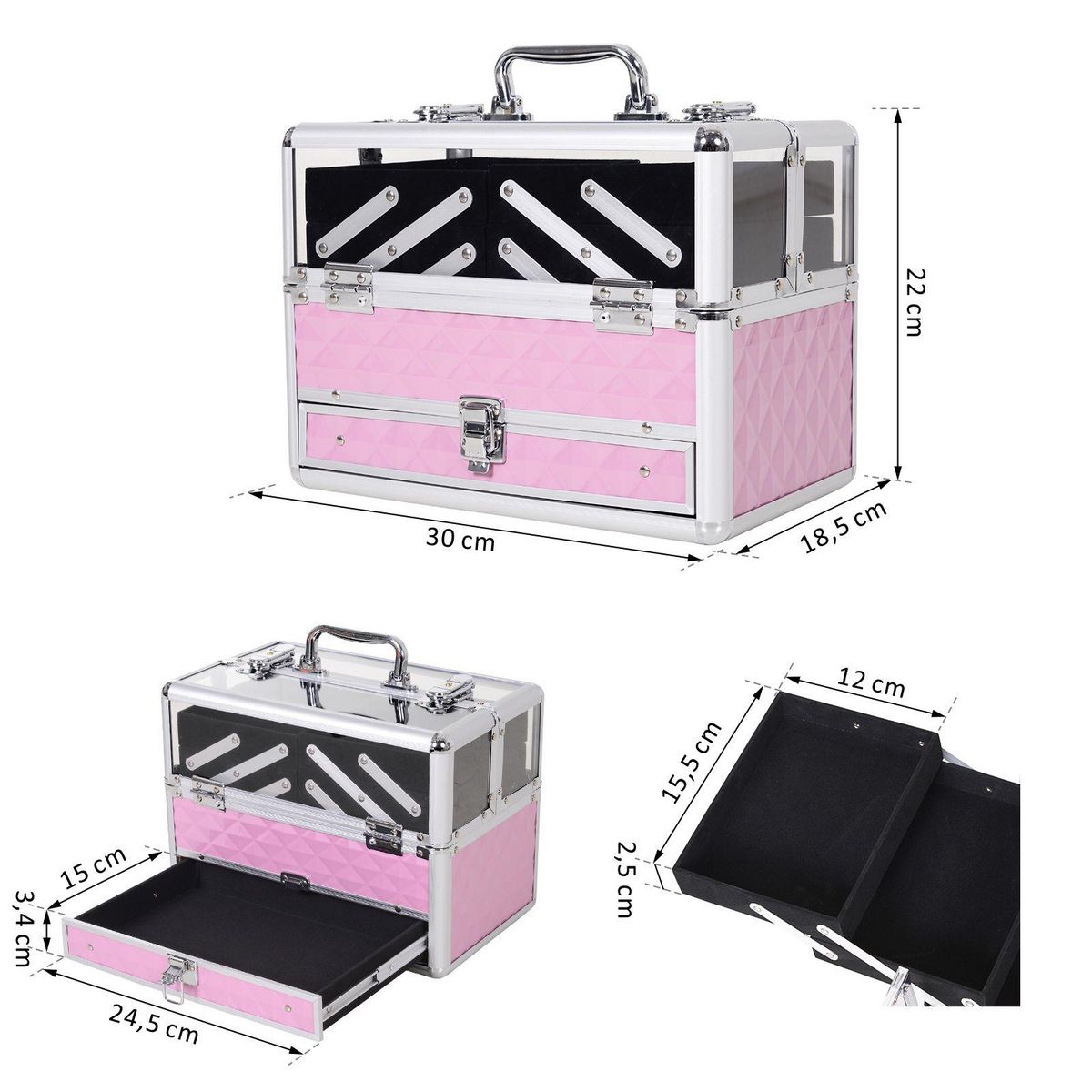 HOMCOM Mallette à maquillage - coffre à cosmétiques - rangement produits de beauté - dim. 30L x 18l x 22H cm - poignée serrure alu. acrylique