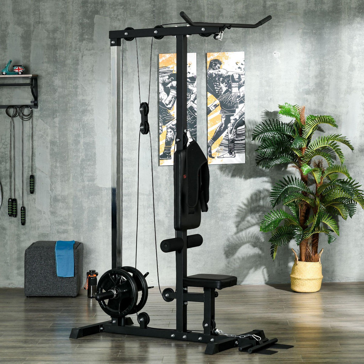 HOMCOM Station de musculation tirage poitrine - lat pulldown machine - bande de résistance, siège réglable - noir