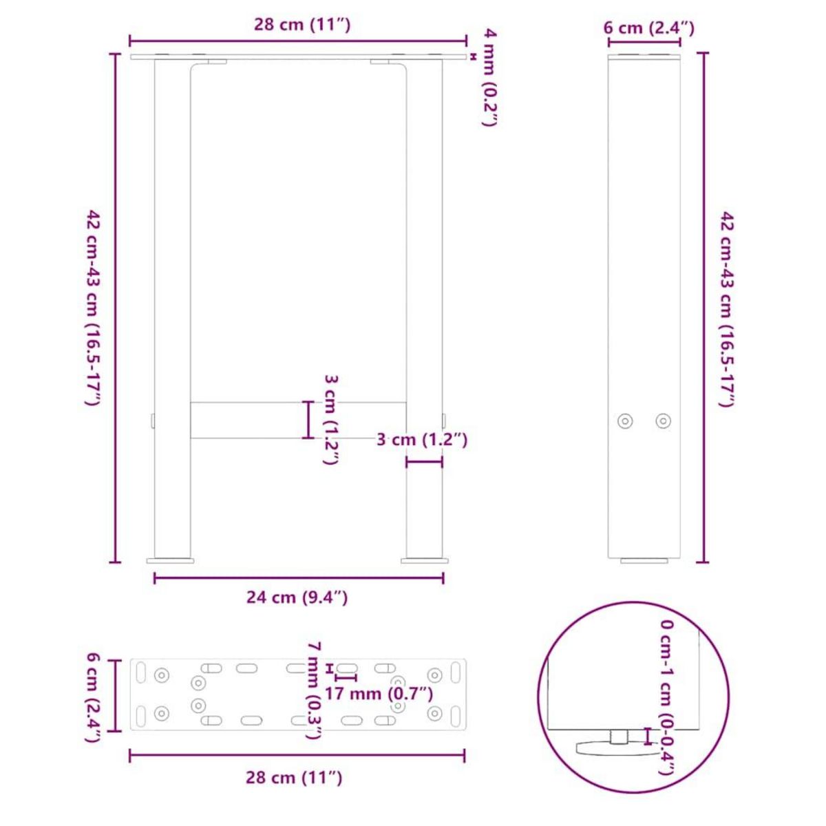VIDAXL Pieds de table basse blanc 2 pcs 28x(42-43) cm acier