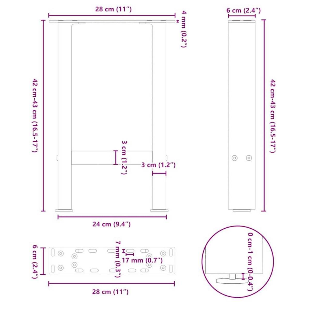 VIDAXL Pieds de table basse blanc 2 pcs 28x(42-43) cm acier