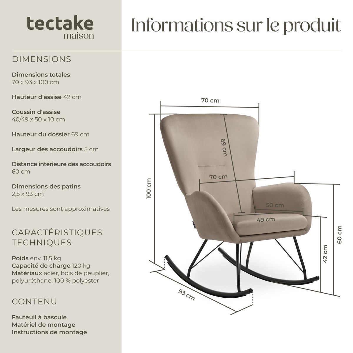 tectake Fauteuil à bascule Rembourrage épais avec revêtement en velours noir/beige