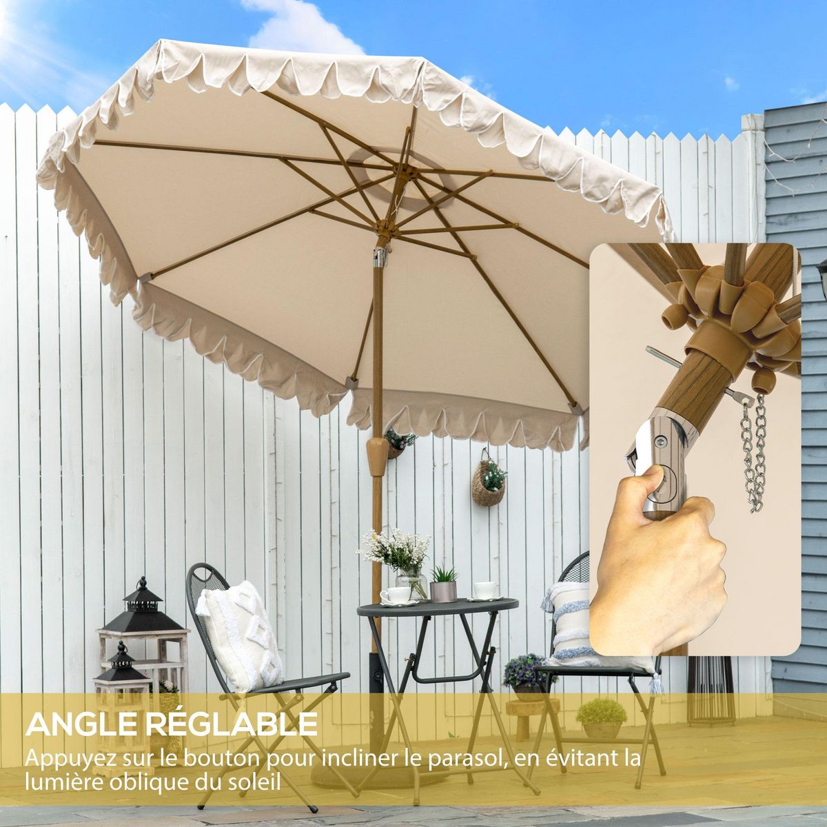 OUTSUNNY Parasol octogonal inclinable Ø 2,64 x 2,4H m mât acier aspect bois polyester haute densité 180 g/m² beige