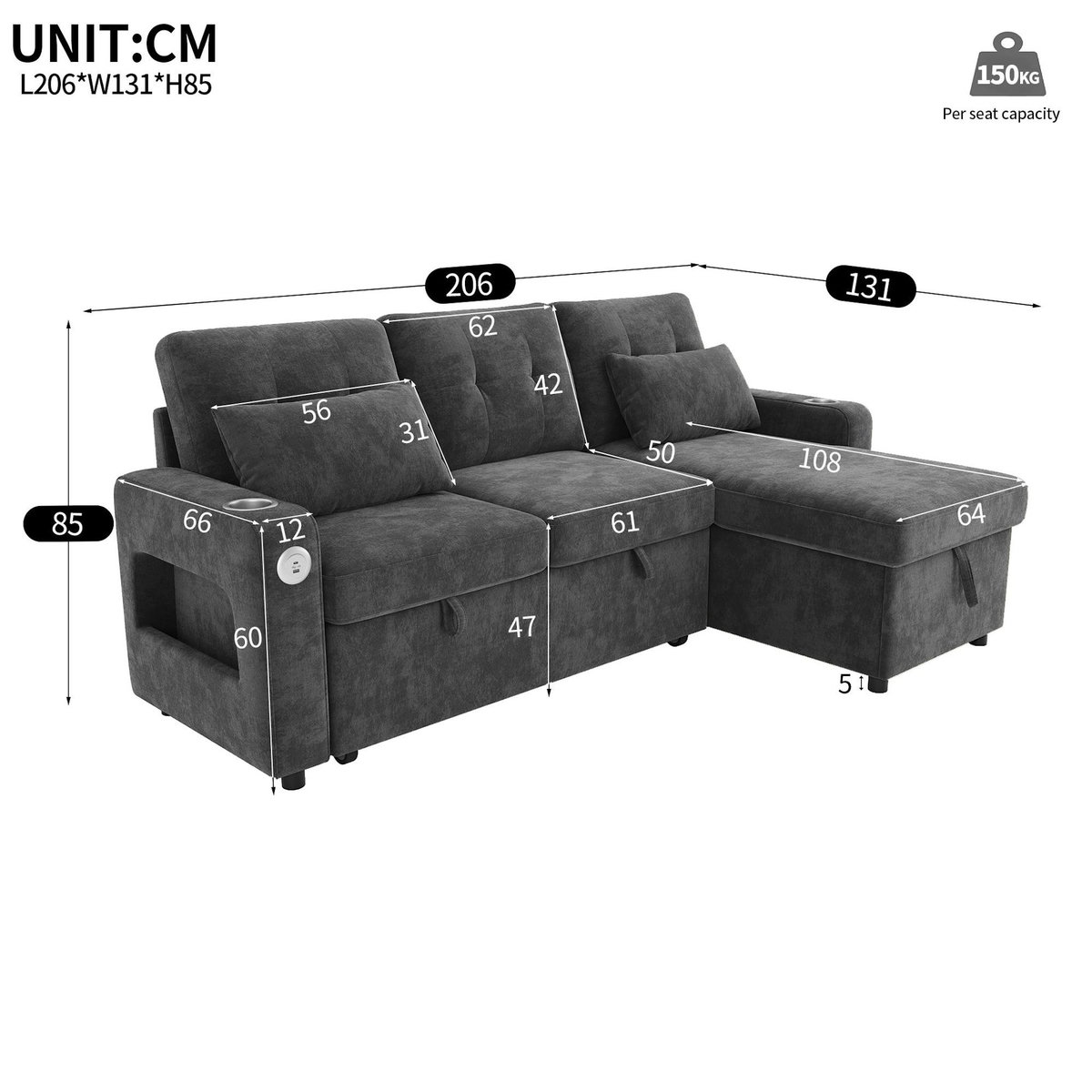 MERAX Canapé d'angle droit convertible 3 places tissu led coffre de rangement