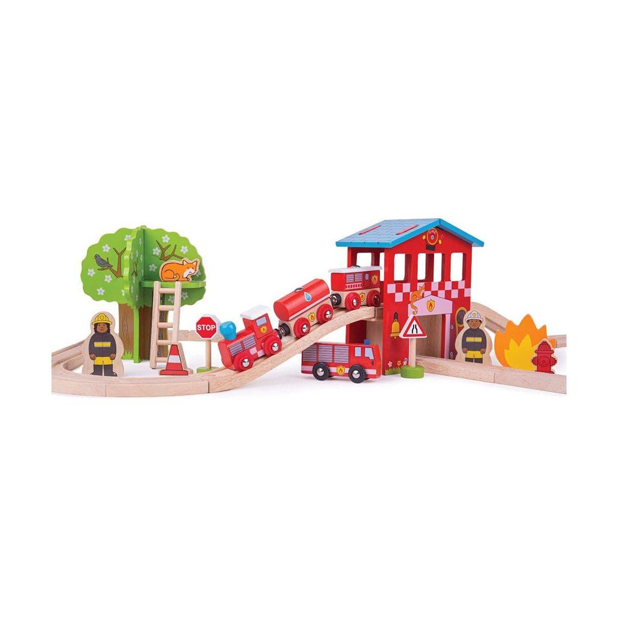 Voir la diapositive 2 : BIGJIGS Jeu en bois -  ensemble de train de caserne de pompiers