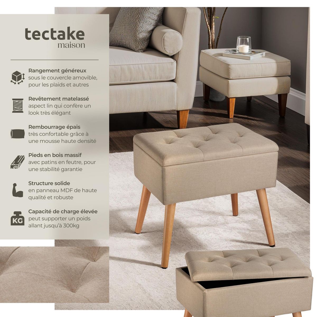tectake Banc avec coffre de rangement aspect lin avec rembourrage confortable sable