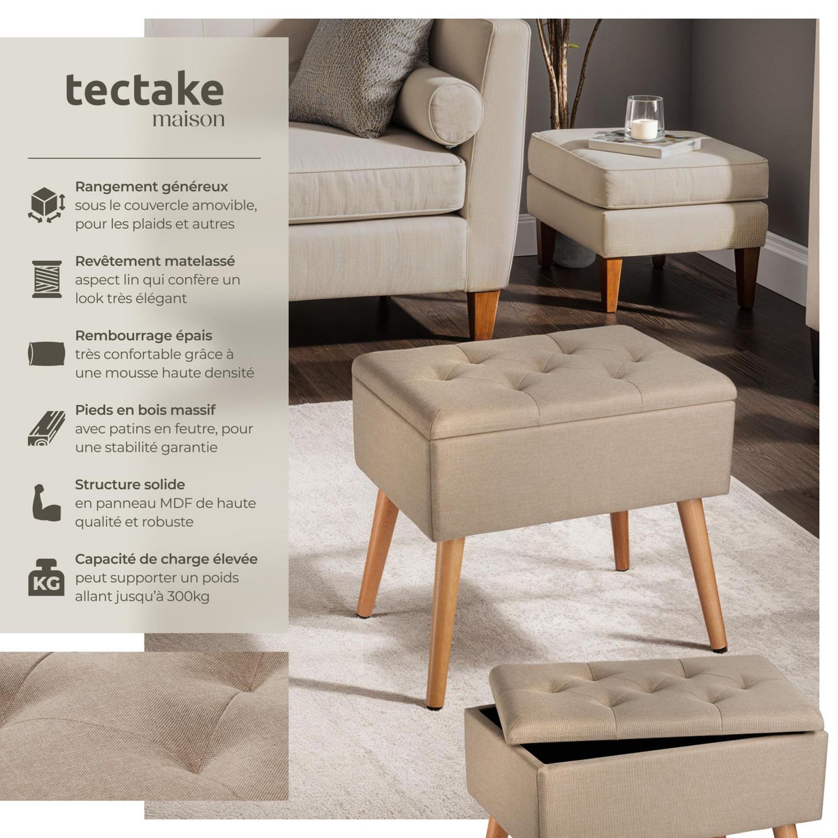 tectake Banc avec coffre de rangement aspect lin avec rembourrage confortable sable