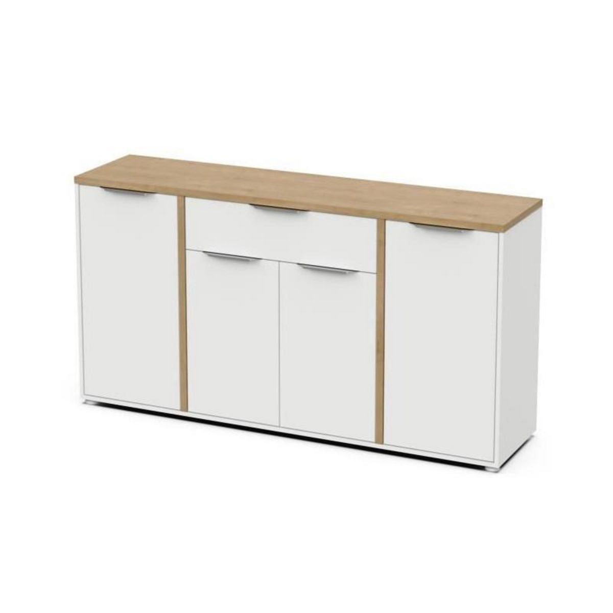 Demeyere Ensemble Salon ACCESS : Table basse + Banc TV + Enfilade 4 portes - Decor chene Hamilton et blanc