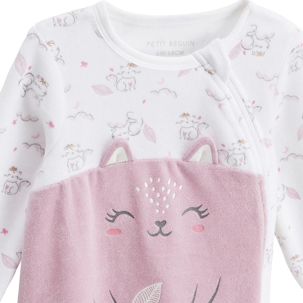 Petit Béguin Pyjama bébé en velours ouverture zippée Miss Chatchatchat