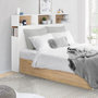 Voir la diapositive 4 : ID MARKET Tête de lit sur pied CLEO 145 cm avec rangements fermés et niches blanc et façon hêtre