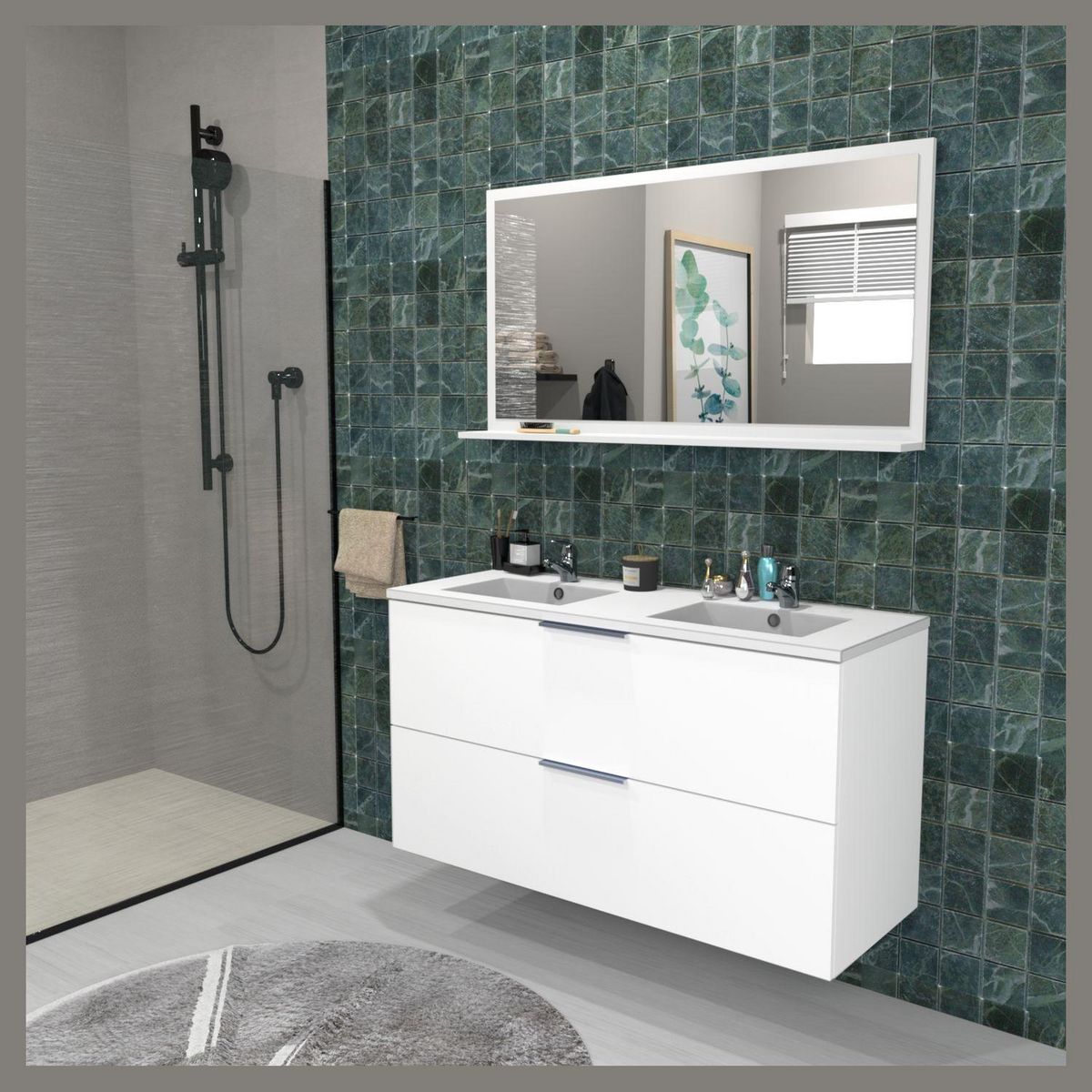 Meuble de salle de bain sous vasque avec double vasque encastrée 2 tiroirs, 120cm FARO blanc