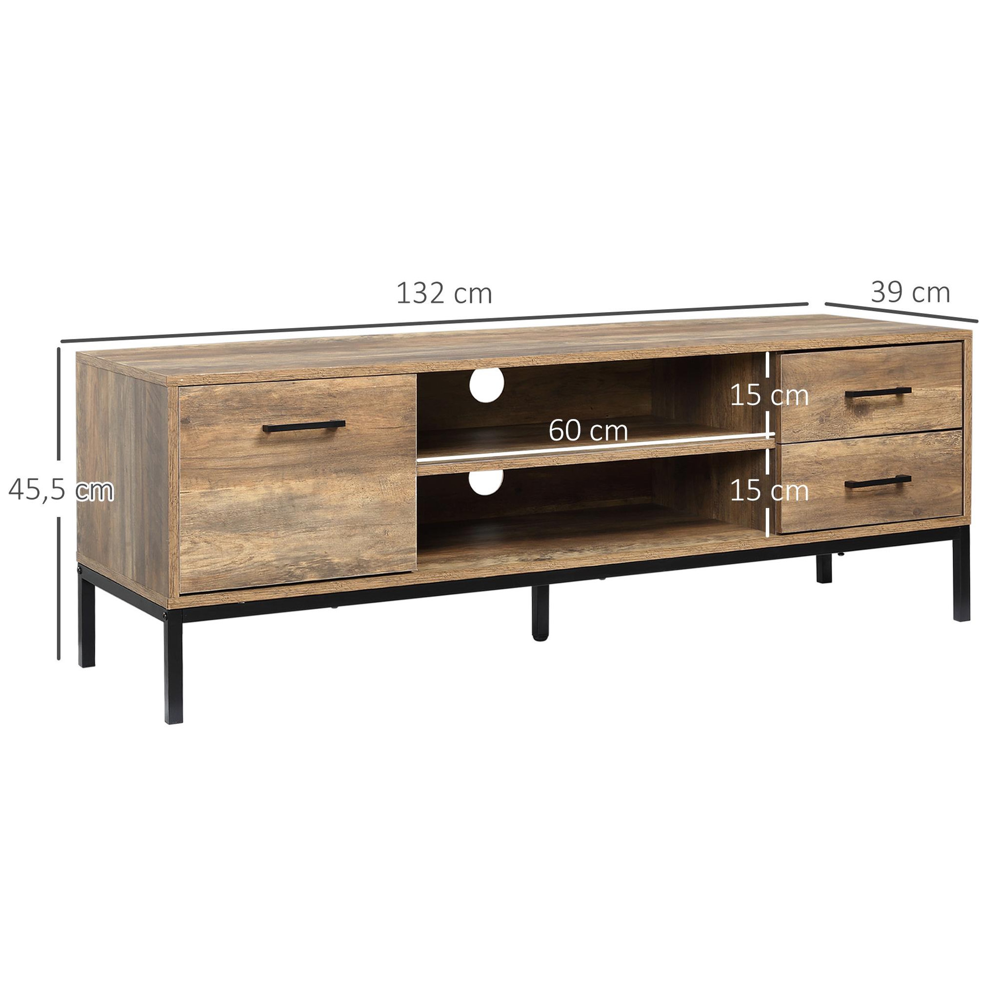 Voir la diapositive 3 : HOMCOM Meuble TV banc TV design industriel - porte, 2 tiroirs, 2 niches - piètement acier noir - aspect bois de manguier