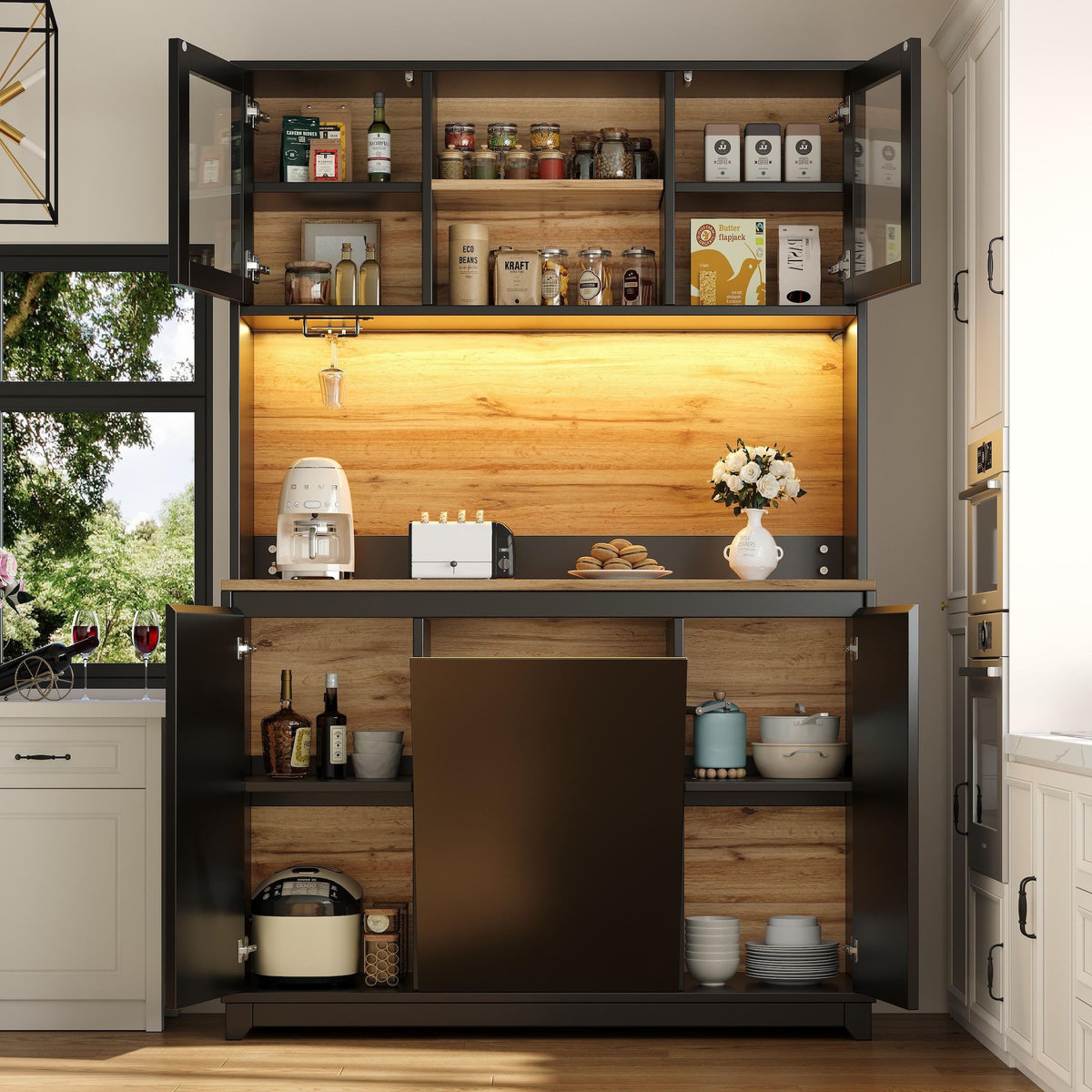 MERAX Buffet de cuisine 5 portes - 120 cm noir led mdf