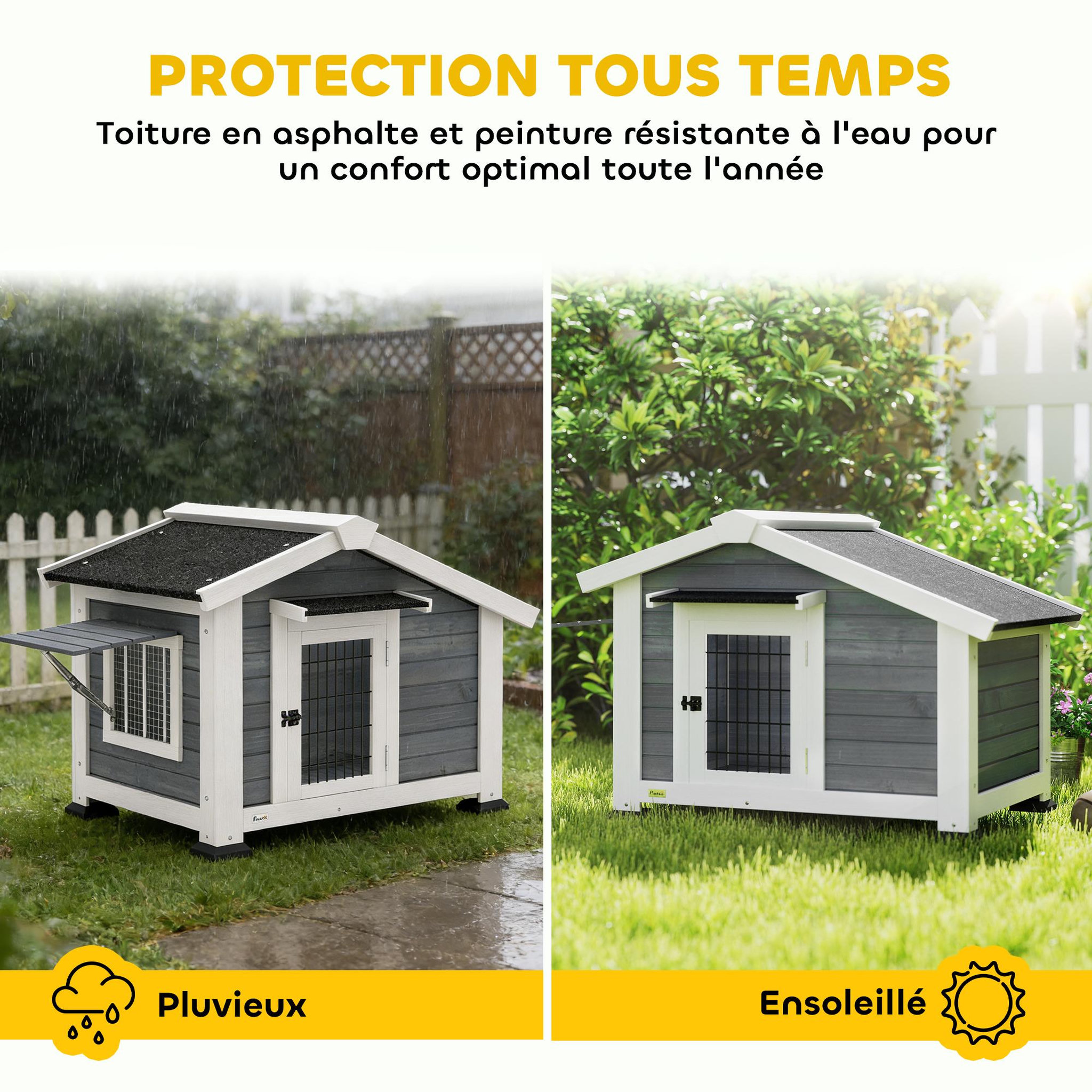 Voir la diapositive 6 : PAWHUT Niche chien bois sur pieds - porte verrouillable, fenêtre volet - marquise et toit bitumé